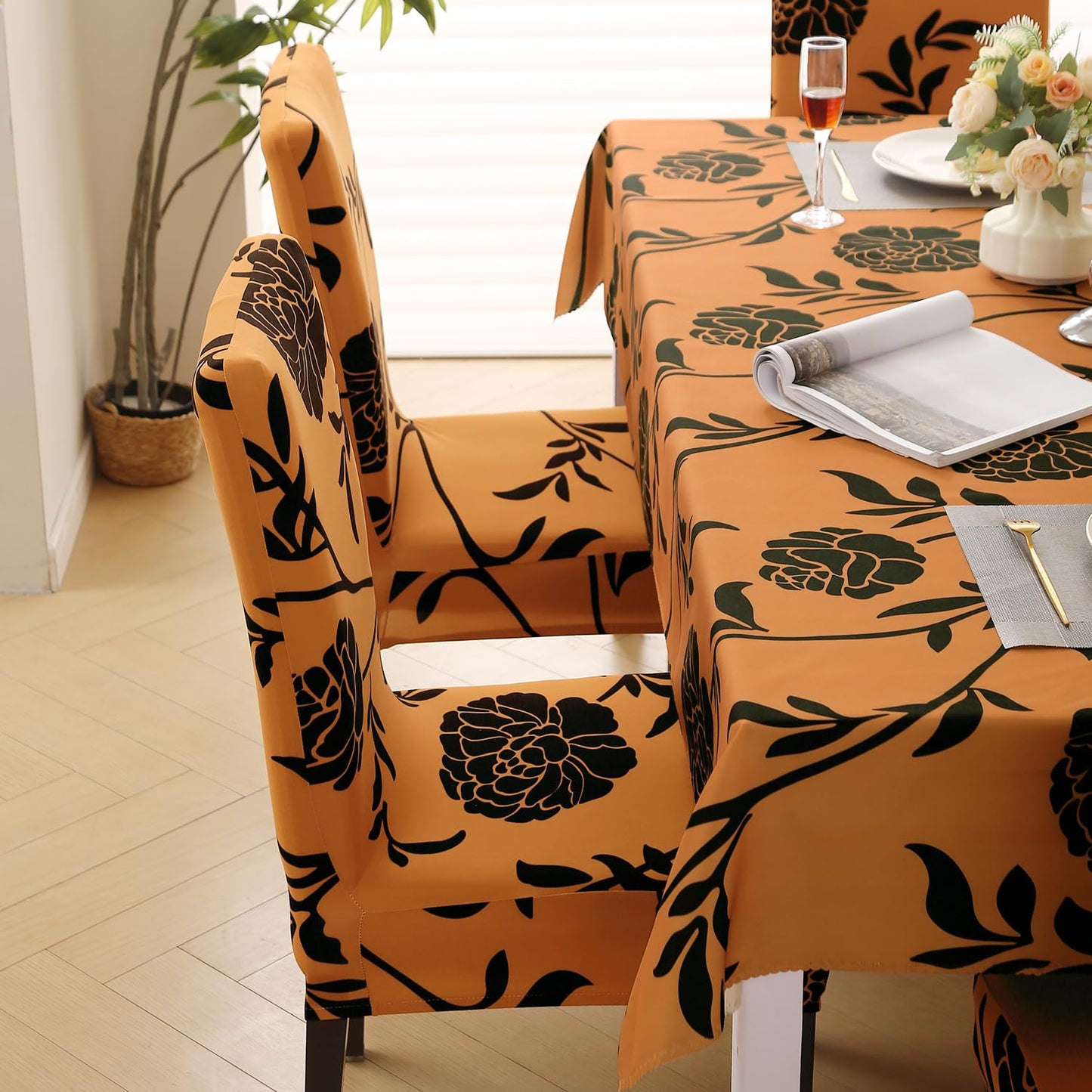 Elastic Dining Chair Covers with Matching Tablecloth, Copper Brown Floral