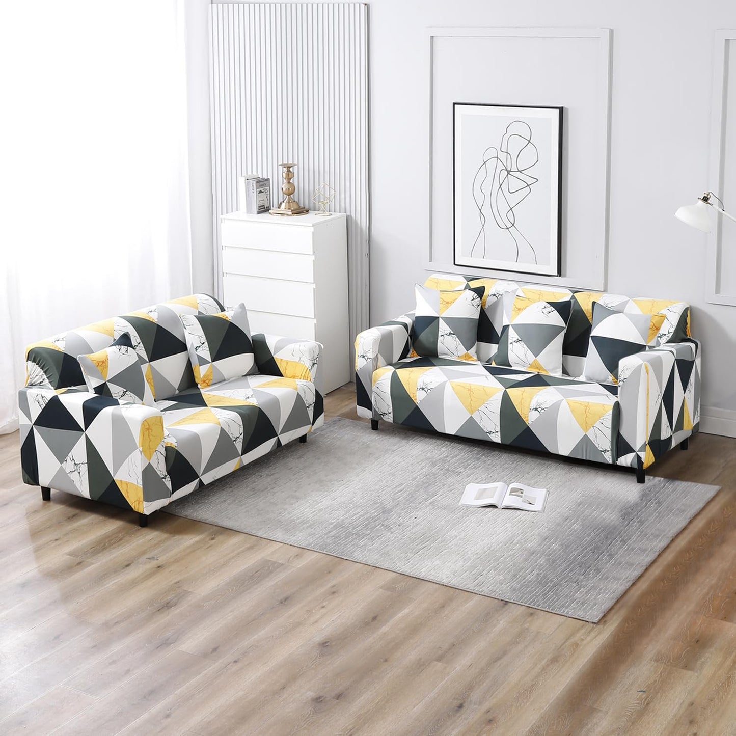Elastic Stretchable Printed Sofa Cover, Geometric Multicolor