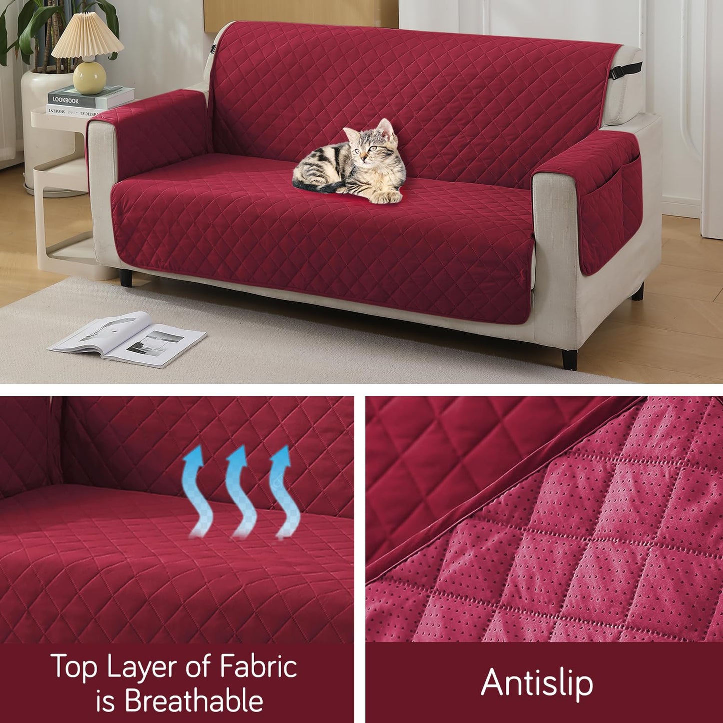 Quilted Waterproof Sofa Cover Mat with Pockets on Armrest Cover - Maroon