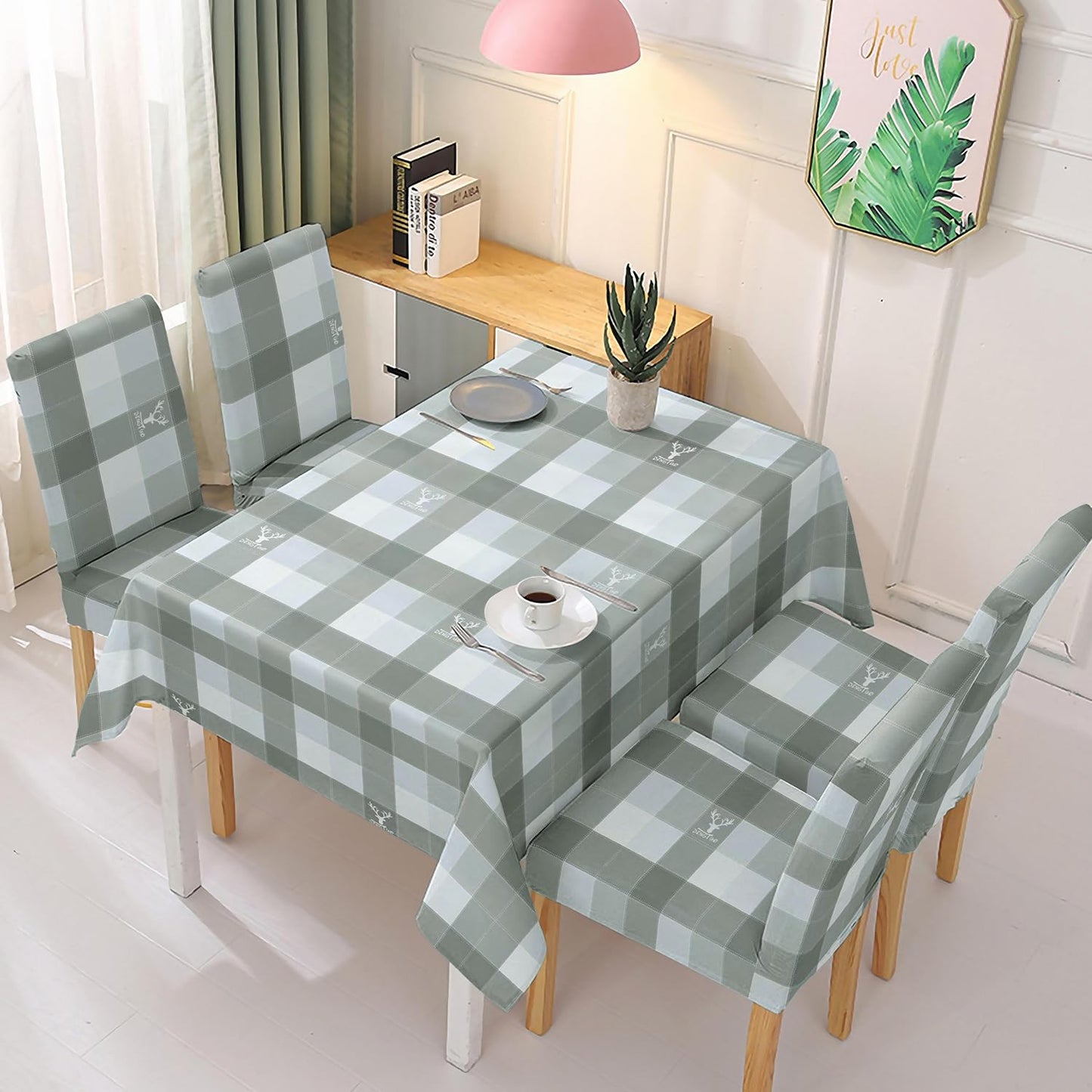 Polyester Dining Chair Covers Set of 4/6 with Matching Tablecloth, Checks Grey