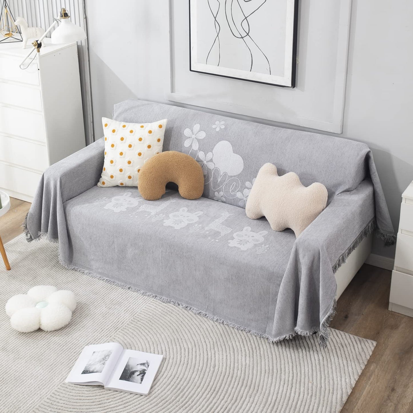 Thick, Soft and Pet Friendly Chenille Sofa Cover Throw, Grey Nature