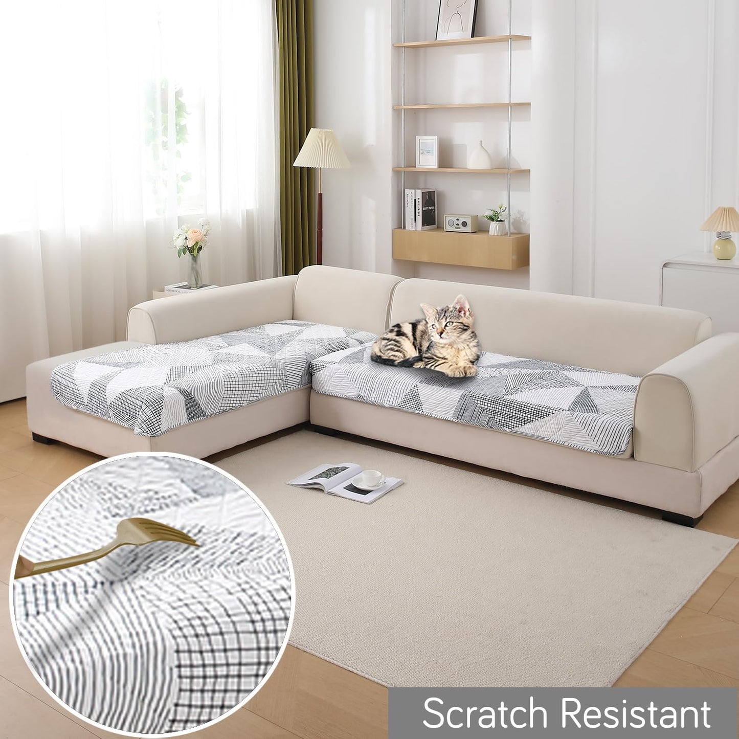 Waterproof Printed Quilted Quick Dry L Shape Sofa Seat Cover Mat, Snow White Black Geometry