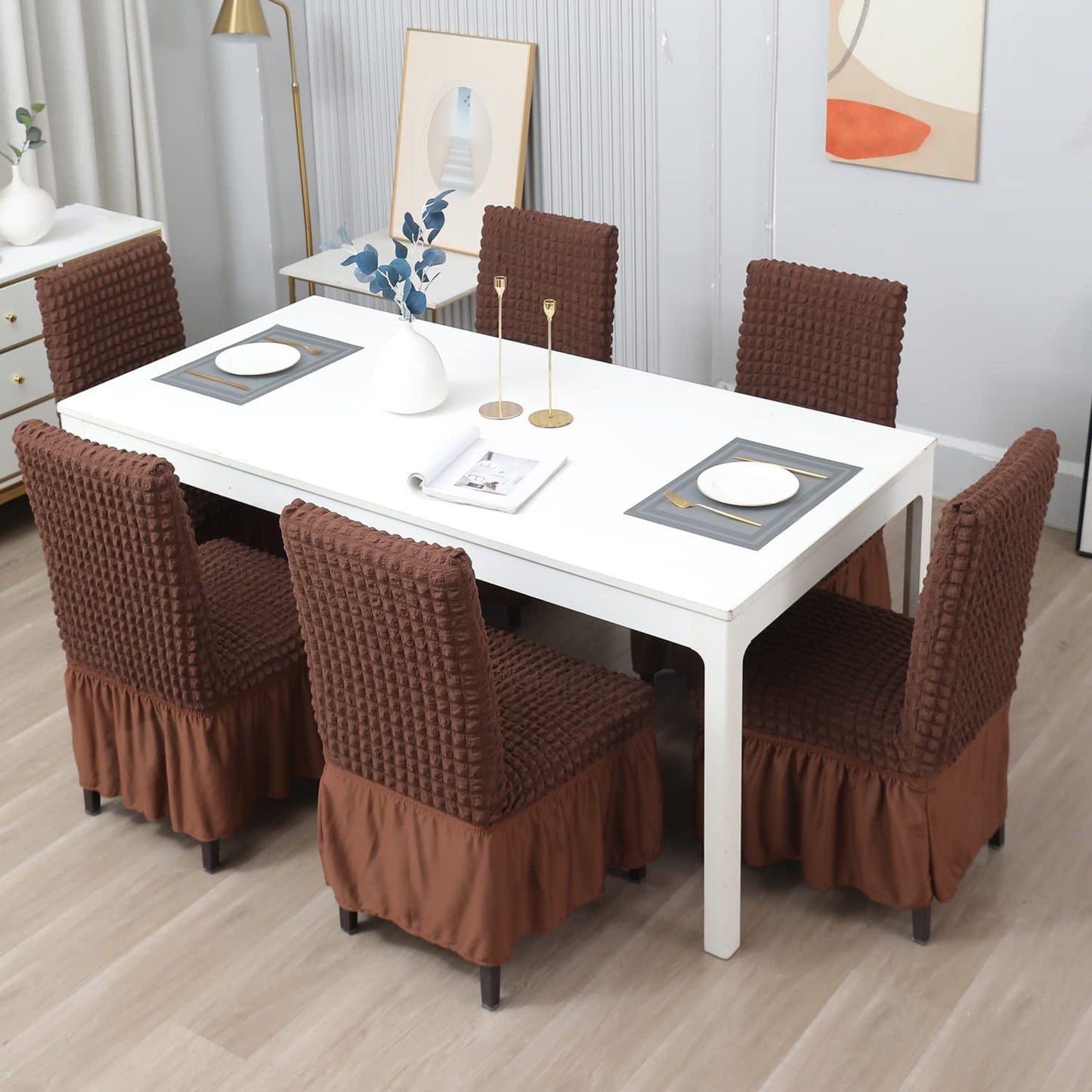 Elastic Stretchable 280 GSM Bubble Dining Chair Cover with Frill, Dark Brown