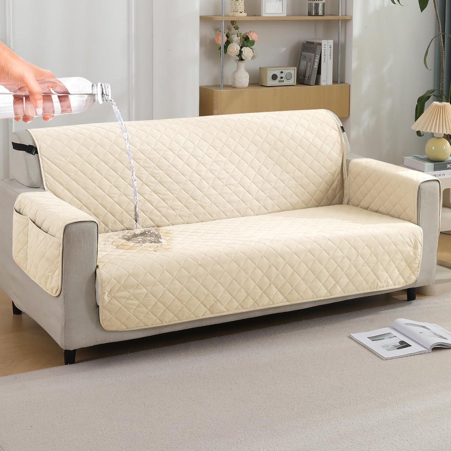 Quilted Waterproof Sofa Cover Mat with Pockets on Armrest Cover - Cream