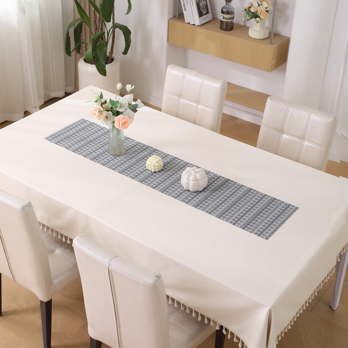 HOKIPO PVC Dining Table Mats and Runner Set of 4/6, Cool Grey Rhombus