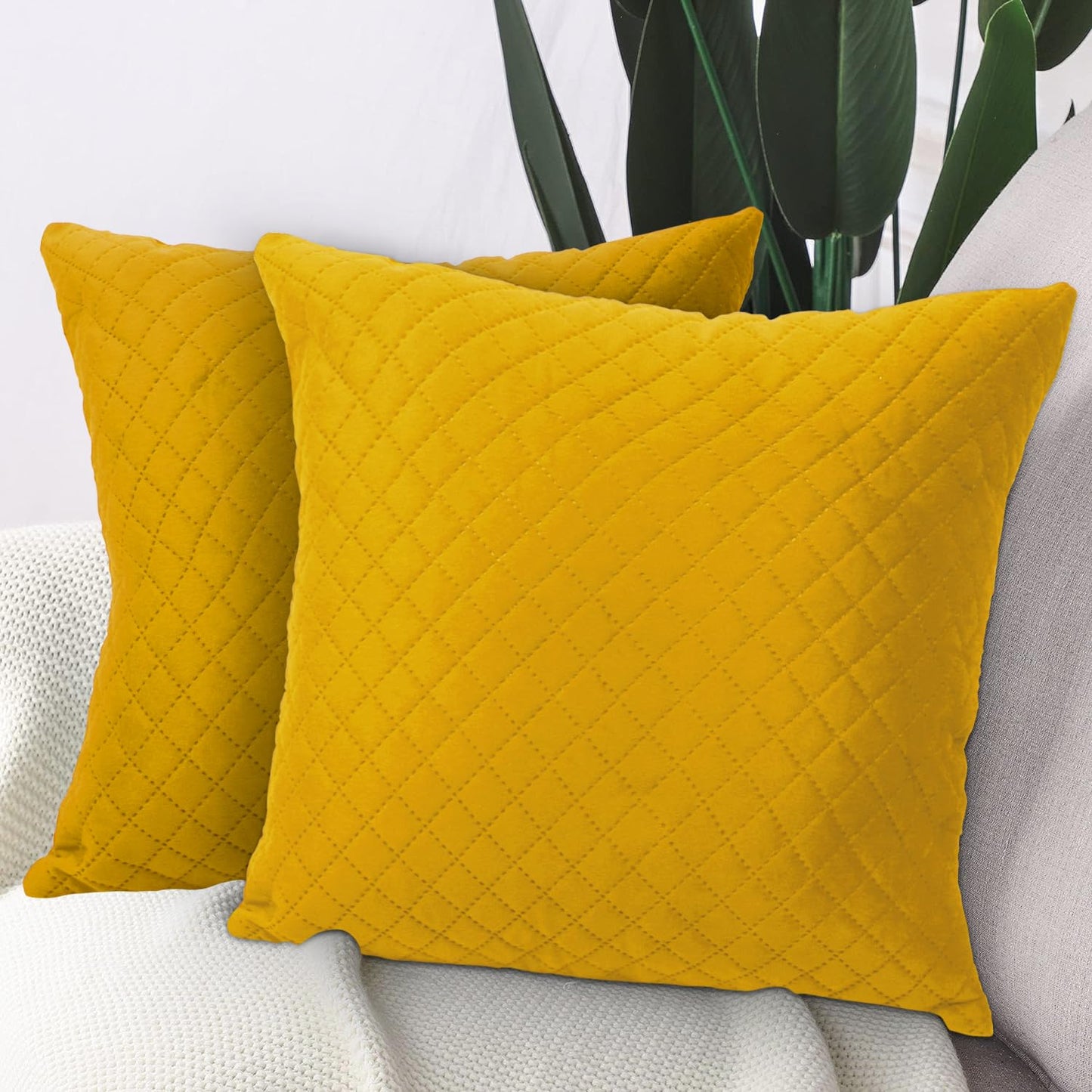 Quilted Velvet Sofa Cushion Cover Pack of 2, Mustard Yellow