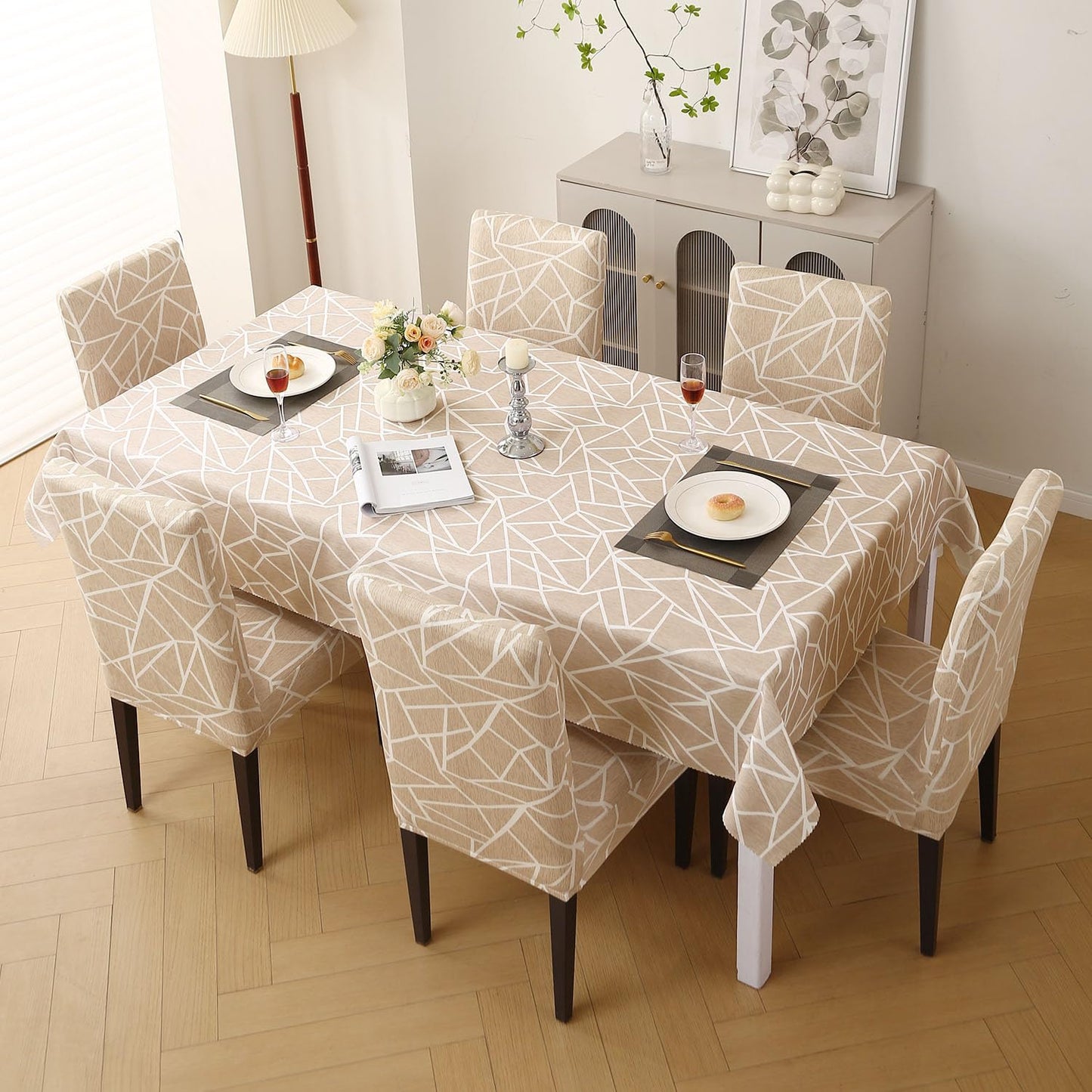 Elastic Dining Chair Covers with Matching Tablecloth, Beige Abstract Geometry
