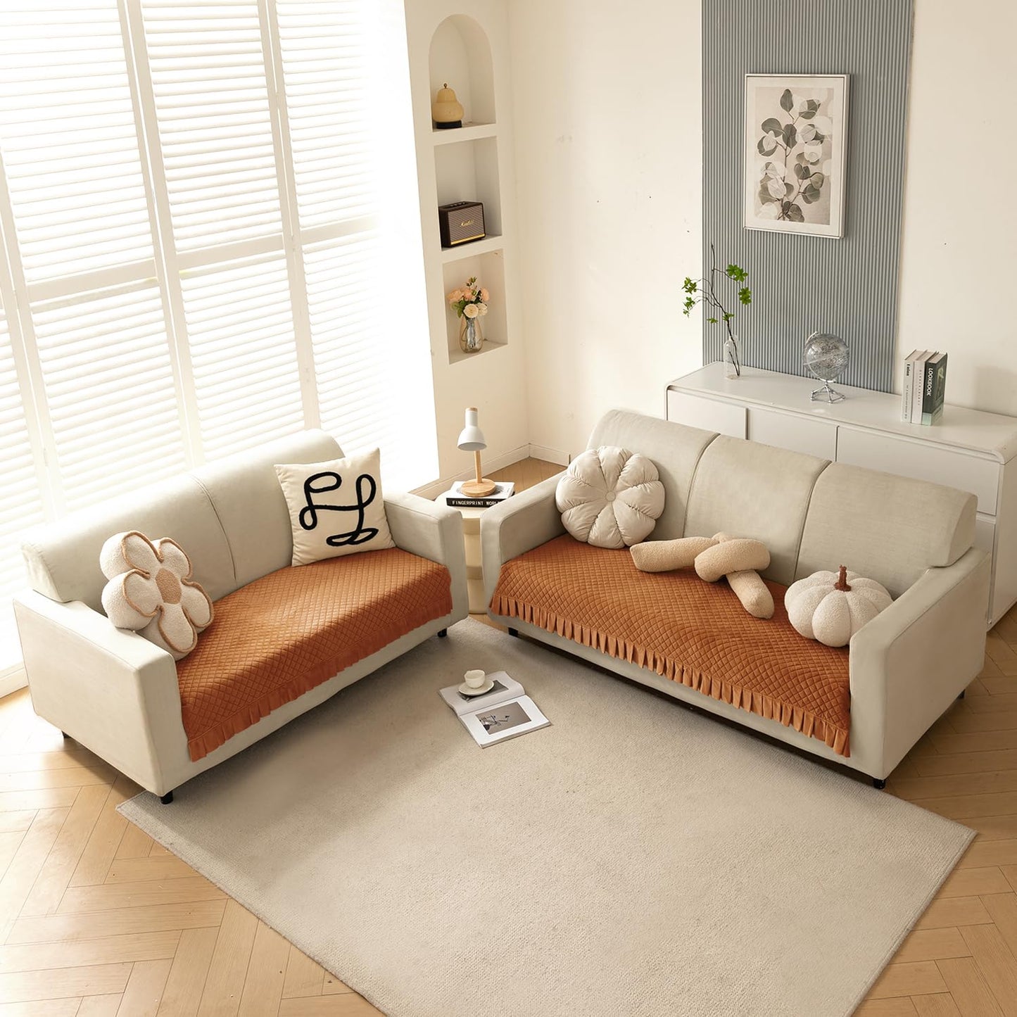 Holland Velvet Sofa Cover Seat Mat with Frill for 1/2/3 - Seater, Copper