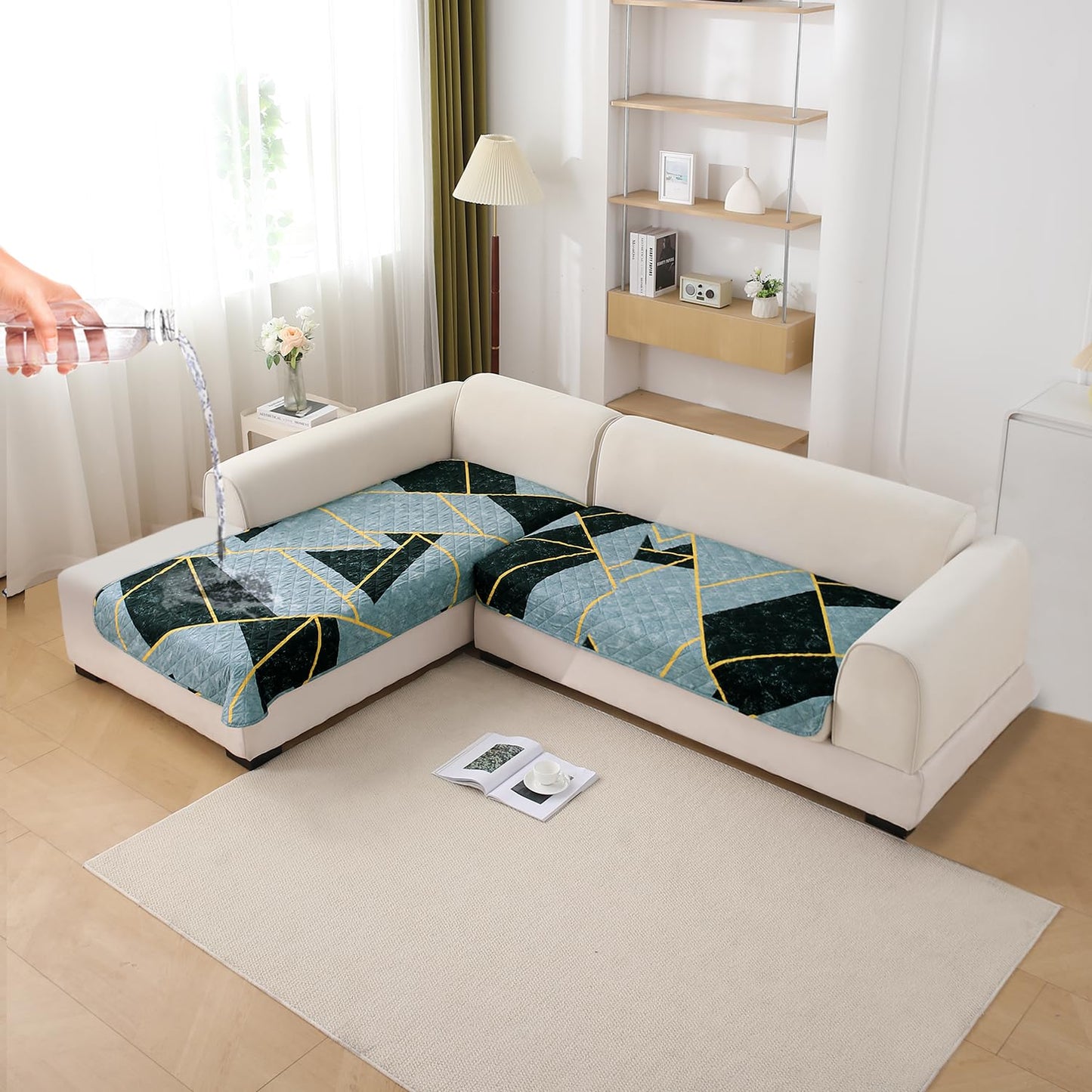 Waterproof Printed Quilted Quick Dry L Shape Sofa Seat Cover Mat, Multicolor Abstract Geometry