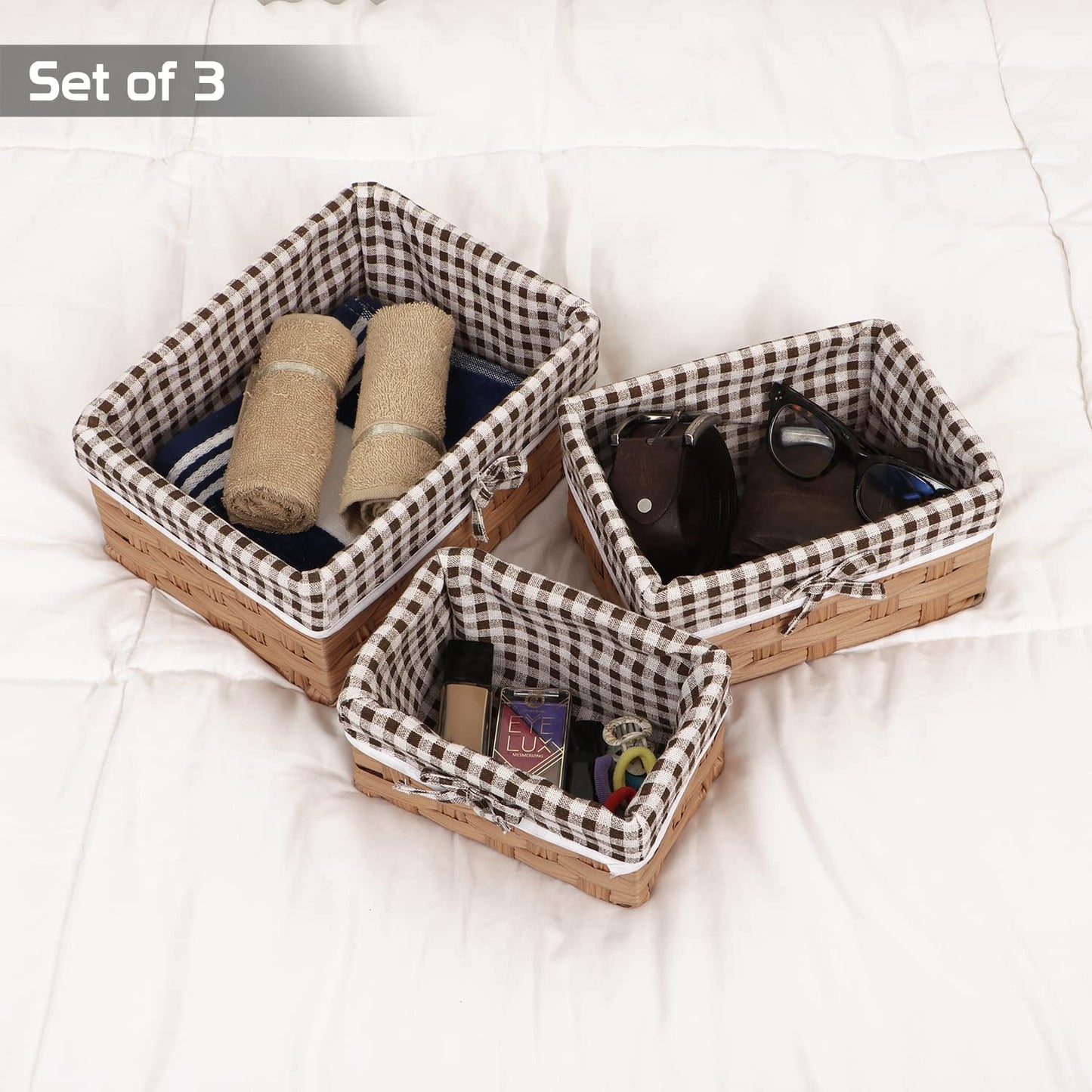Handwoven Imitation Rattan Wicker Rectangular Basket For Home, Office, Wardrobe. Pack Of 3, Light Brown
