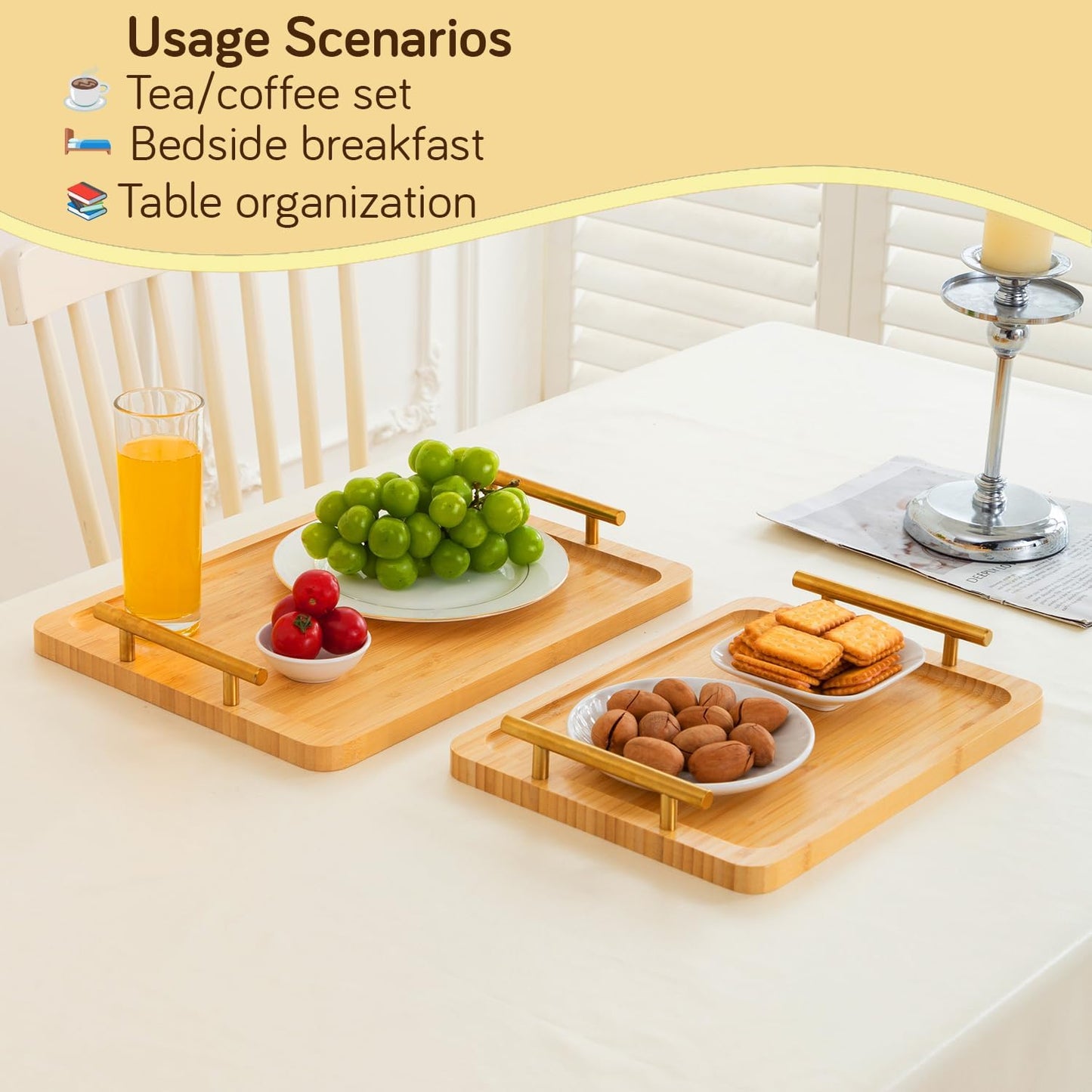 Natural Bamboo Finish Trays Set of 3 with Premium Handles