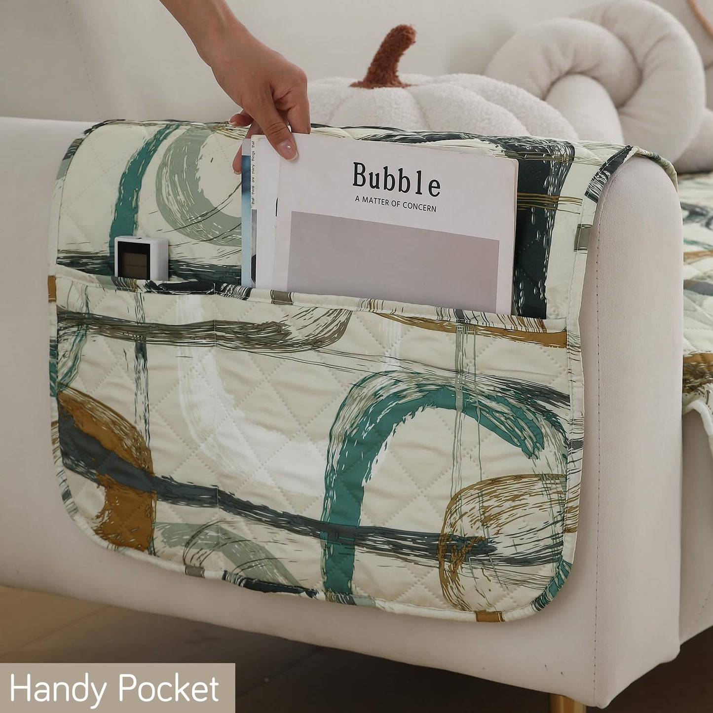 Waterproof Quilted Sofa Seat Mat for 1/2/3 Seater with 2 Armrest Covers with Pockets, Parchement Beige Abstract Art