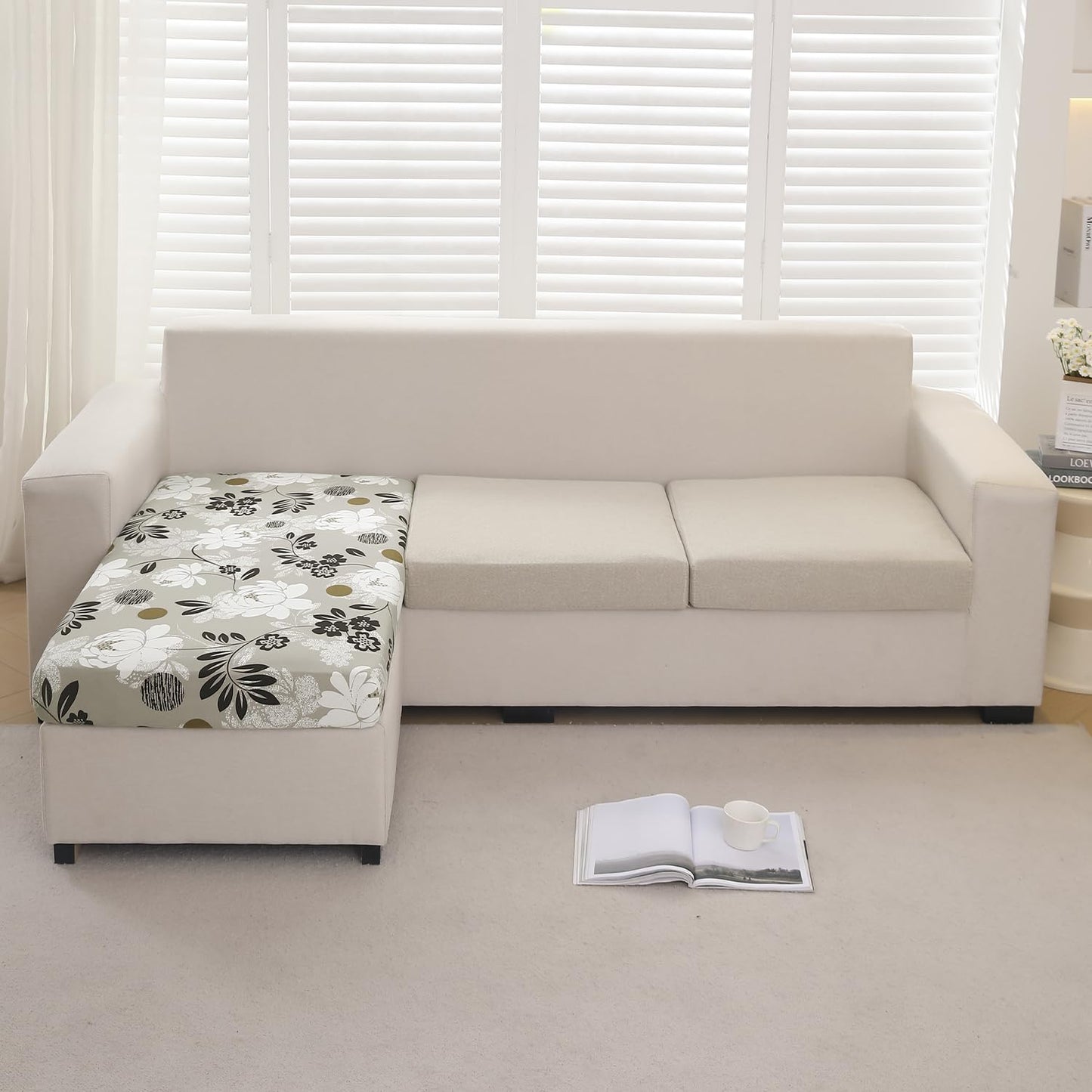 140 GSM Stretchable Printed Elastic Sofa Cushion Seat Cover for 1 /2 /3 Seaters / Pieces for Sofa, Feather Brown Floral