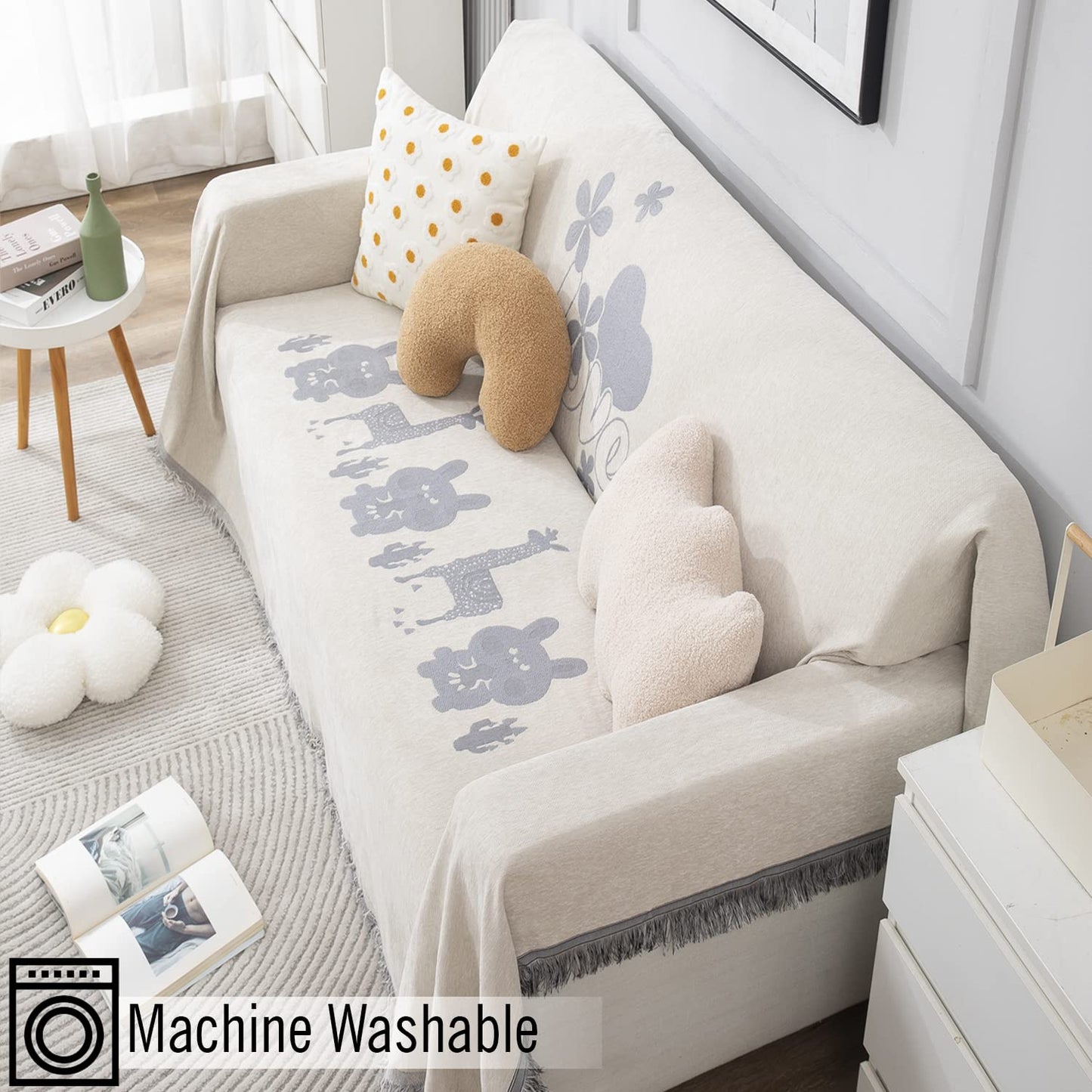 Off-White Nature, Soft and Pet Friendly Chenille Sofa Throw Cover