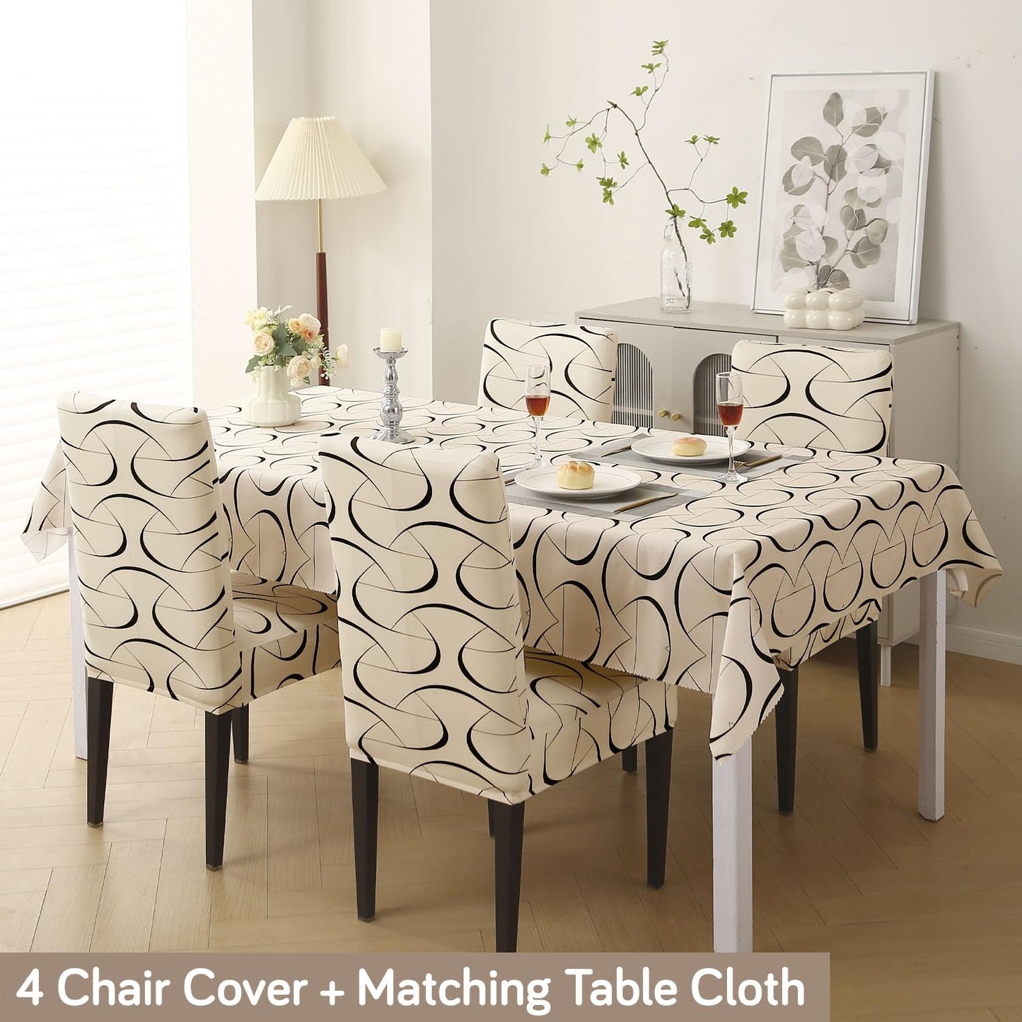Elastic Dining Chair Covers with Matching Tablecloth, Natural Beige Abstract Art