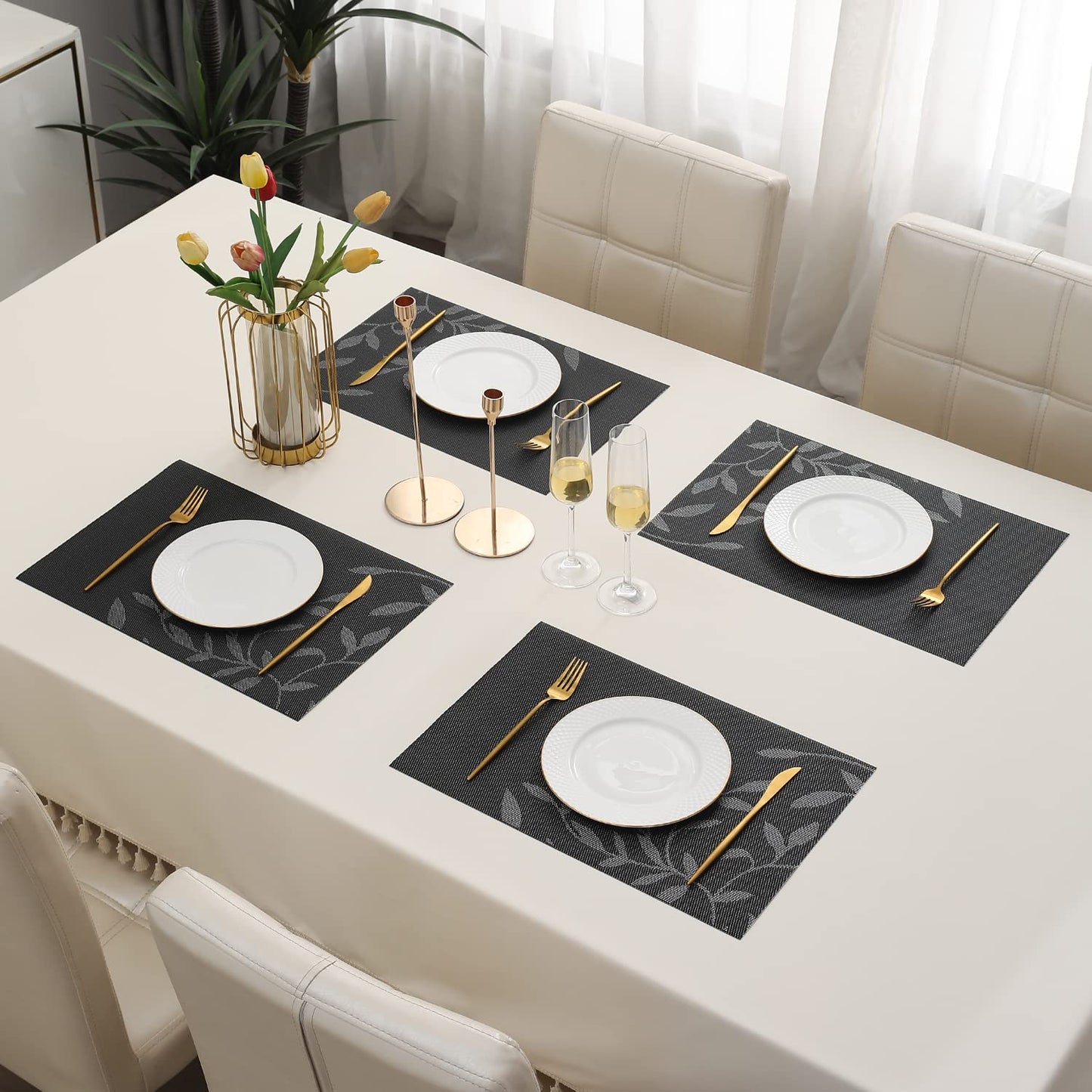 PVC Dining Table Mats, Black Leaves