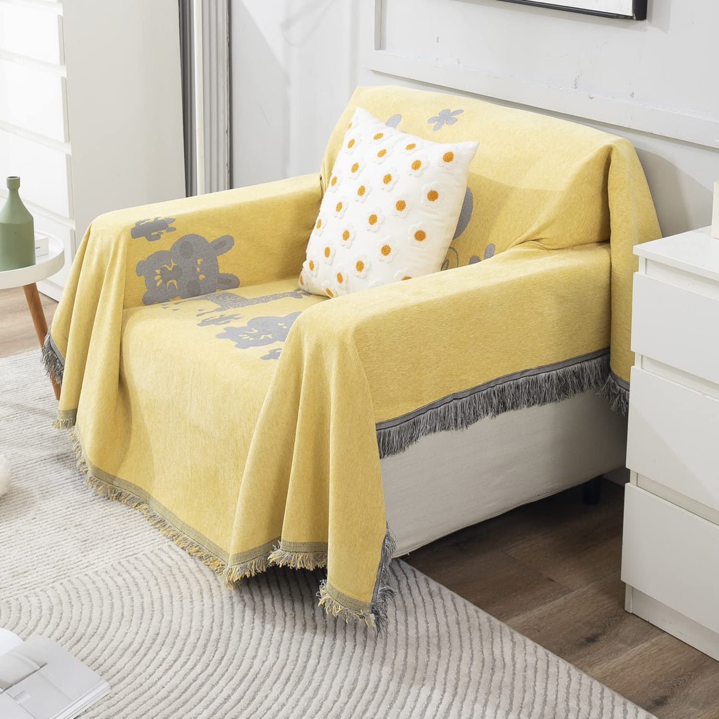 Yellow Nature Chenille Sofa Throw Blanket | 1/2/3 Seater Couch Throw