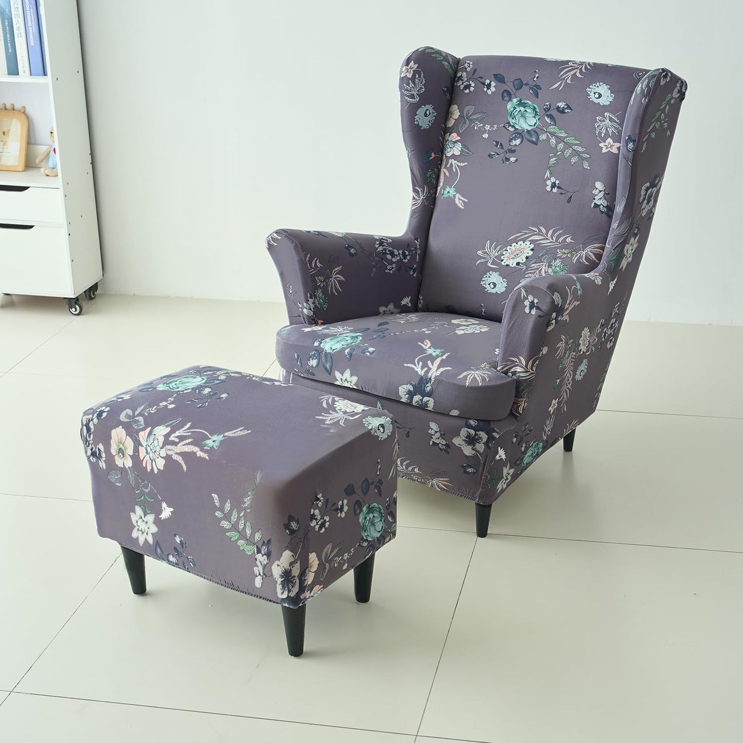 Stretchable 140 GSM Wing Chair Cover, Bentonite Grey Budding Florals