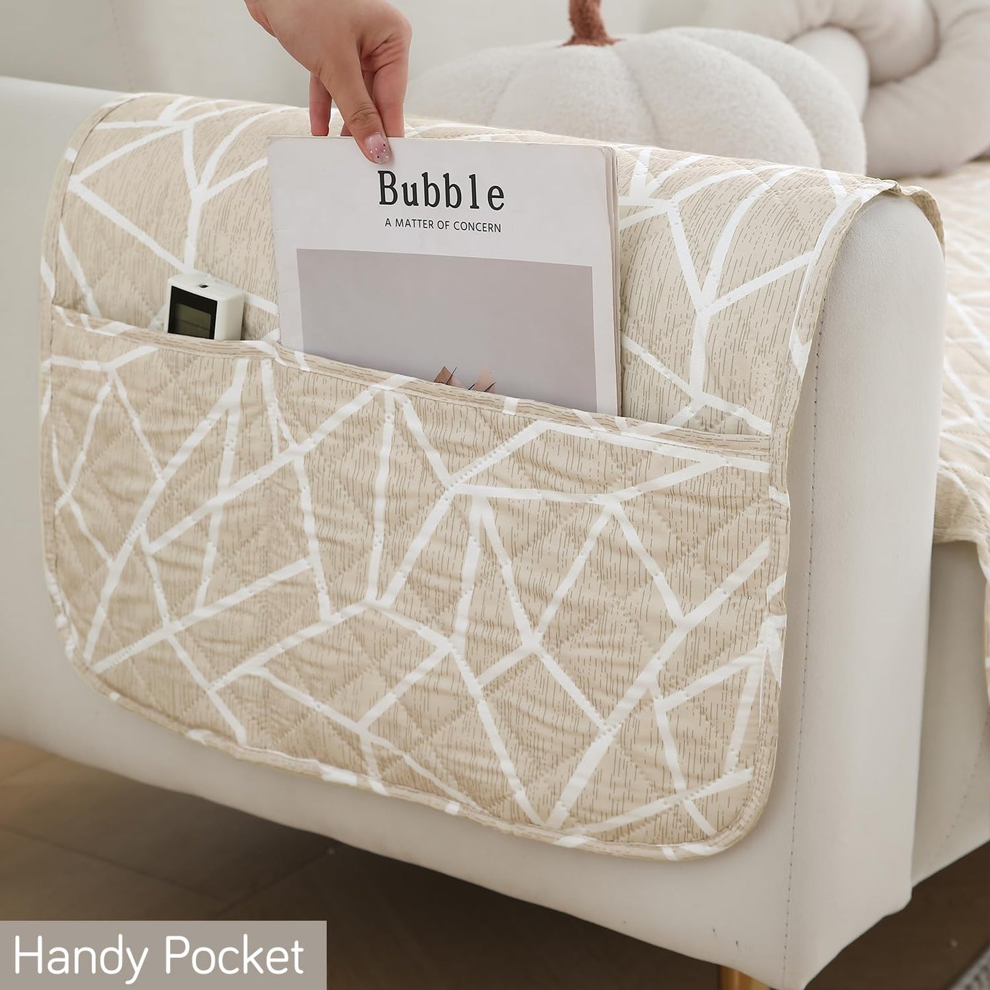 Waterproof Quilted Sofa Seat Mat for 1/2/3 Seater with 2 Armrest Covers with Pockets, Beige Abstract Geometry