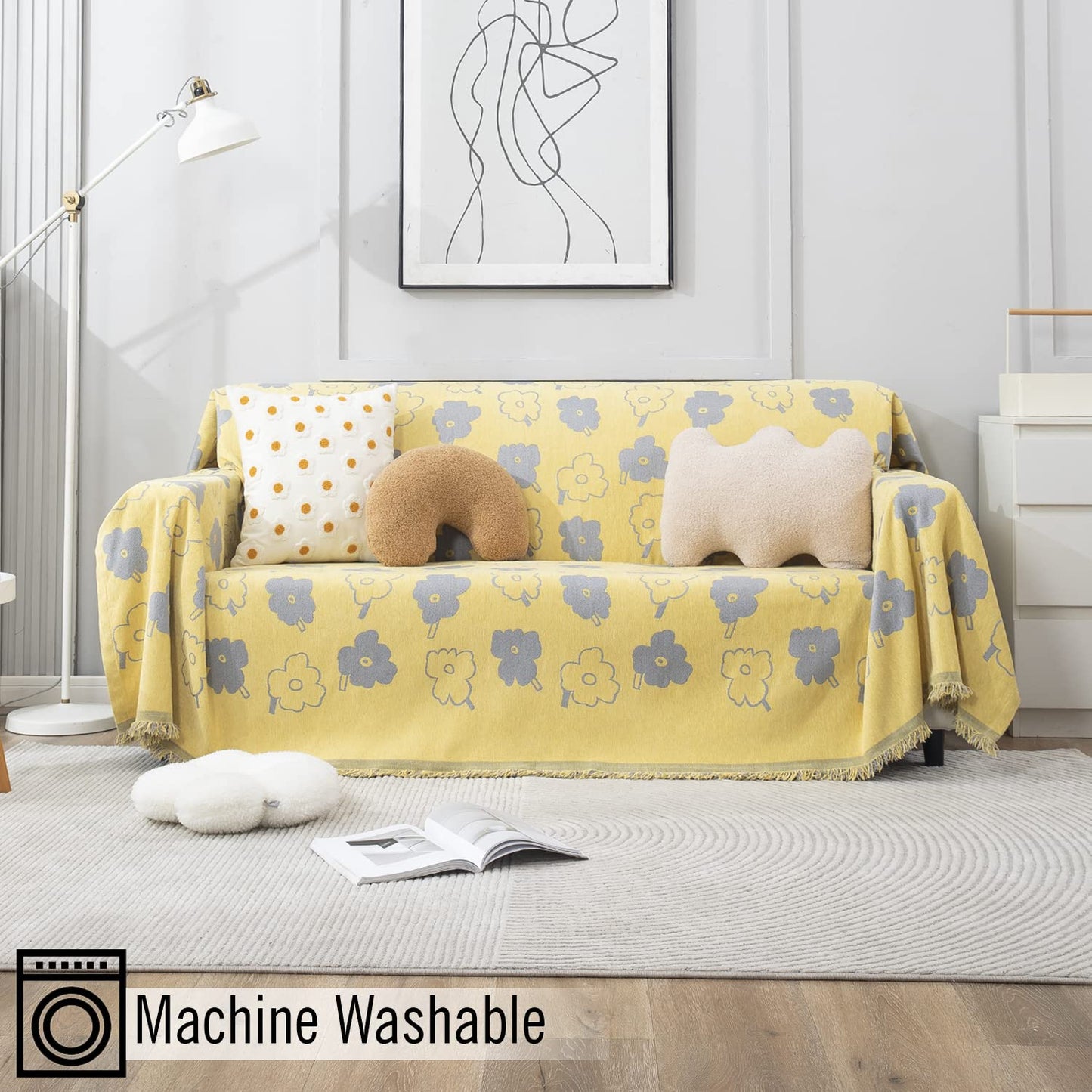 Thick, Soft and Pet Friendly Chenille Sofa Cover Throw, Yellow Floral