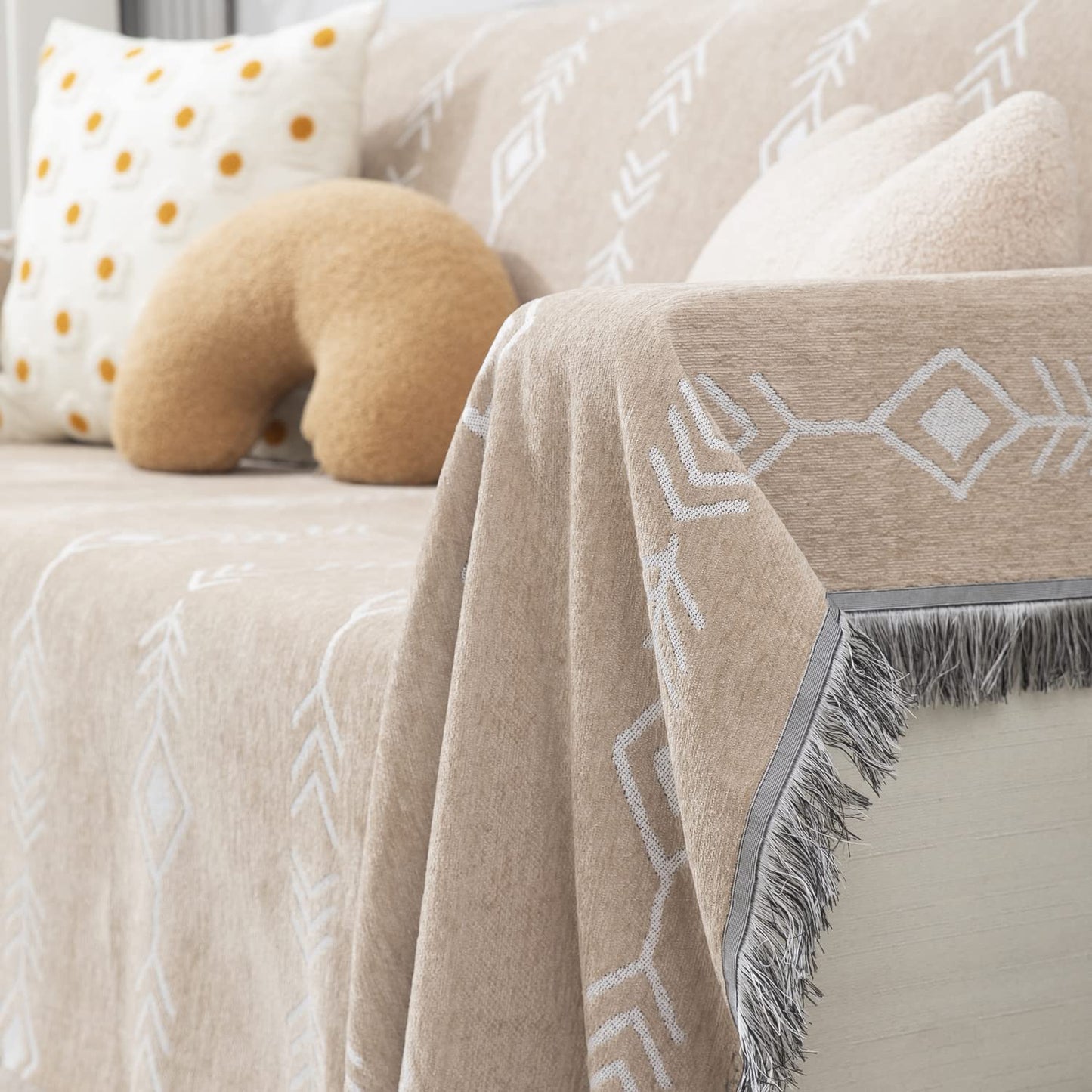 Beige Aztec, Thick, Soft and Pet Friendly Chenille Sofa Cover Throw