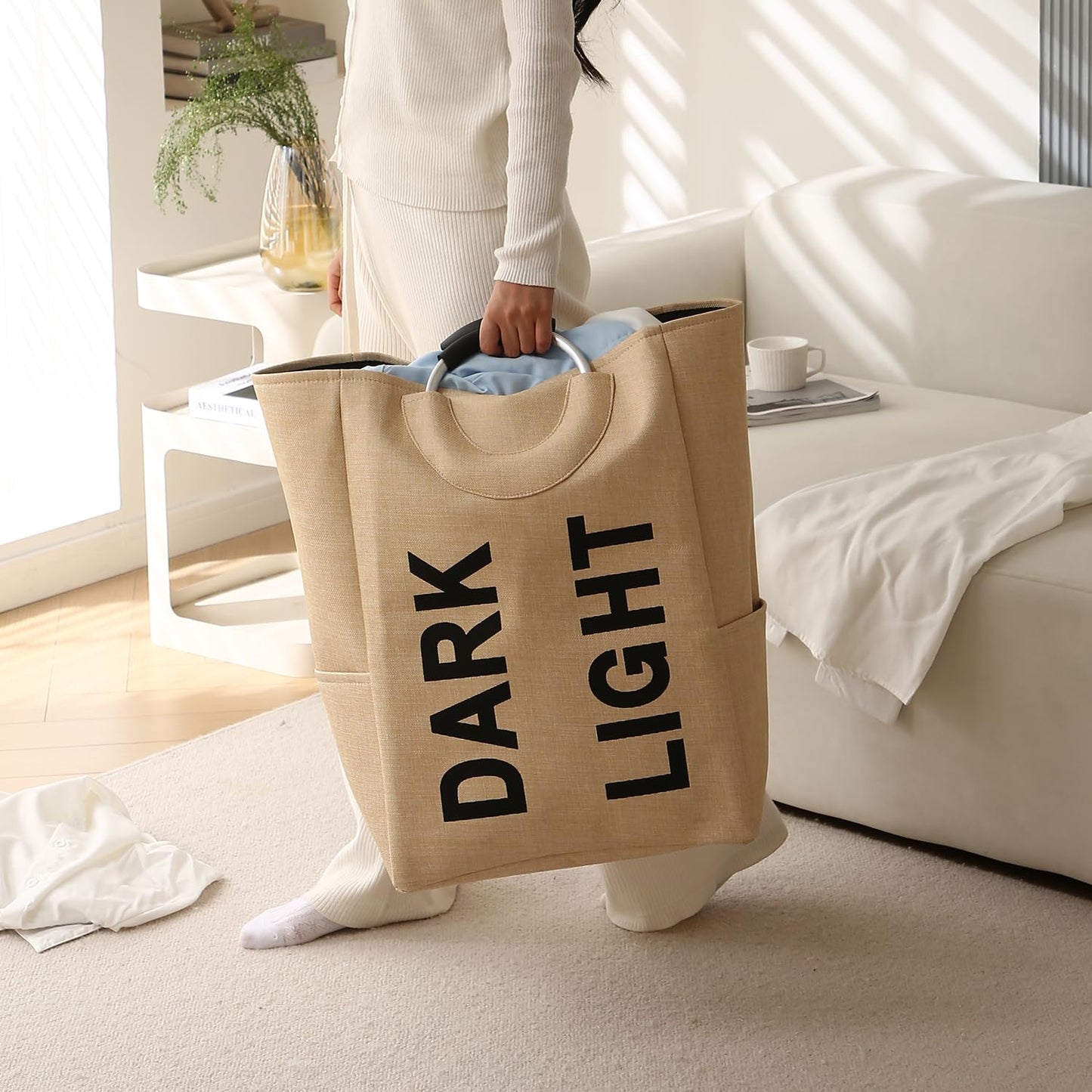 Folding Laundry Bag for Clothes Hamper Basket, Collapsible Storage Basket, Beige
