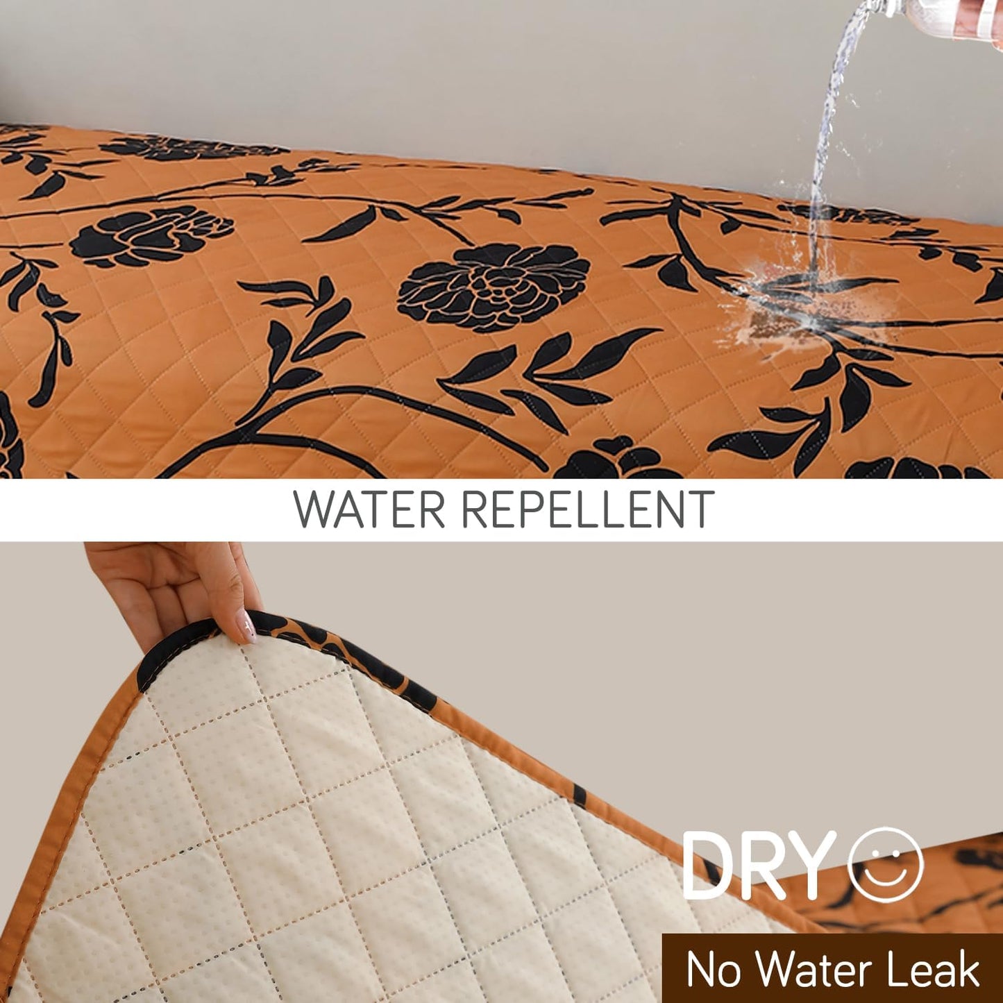 HOKIPO Waterproof Quilted Sofa Seat Mat for 1/2/3 Seater with 2 Armrest Covers with Pockets, Copper Brown Floral