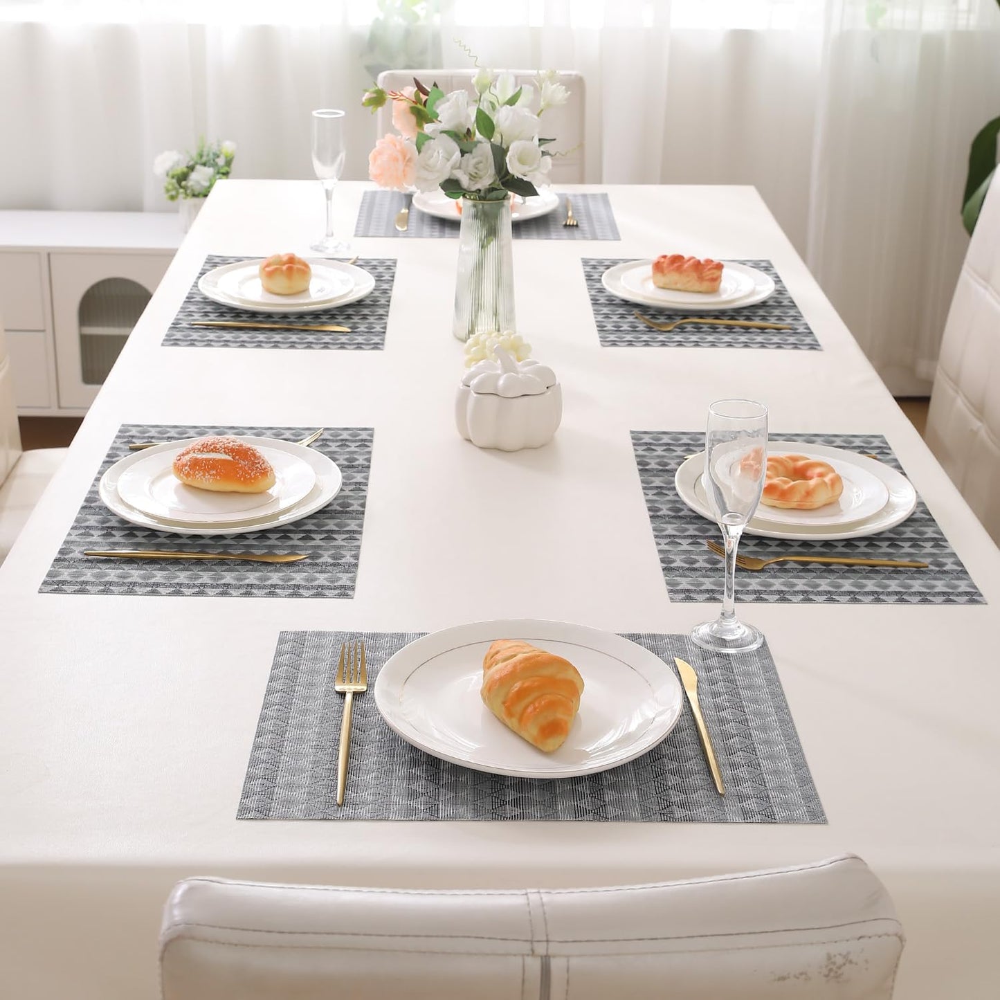 HOKIPO PVC Dining Table Mats and Runner Set of 4/6, Cool Grey Rhombus