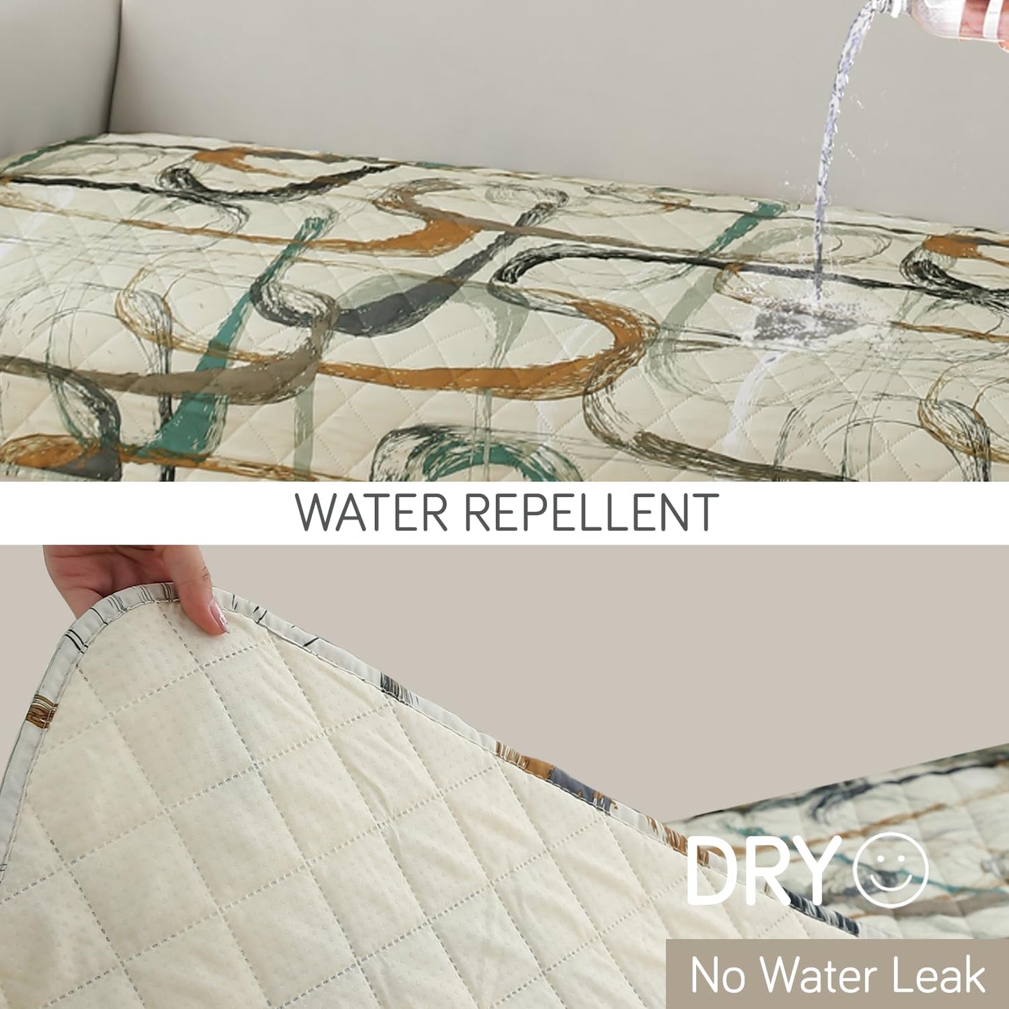 HOKIPO Waterproof Printed Quilted Quick Dry L Shape Sofa Seat Cover Mat, Parchement Beige Abstract Art