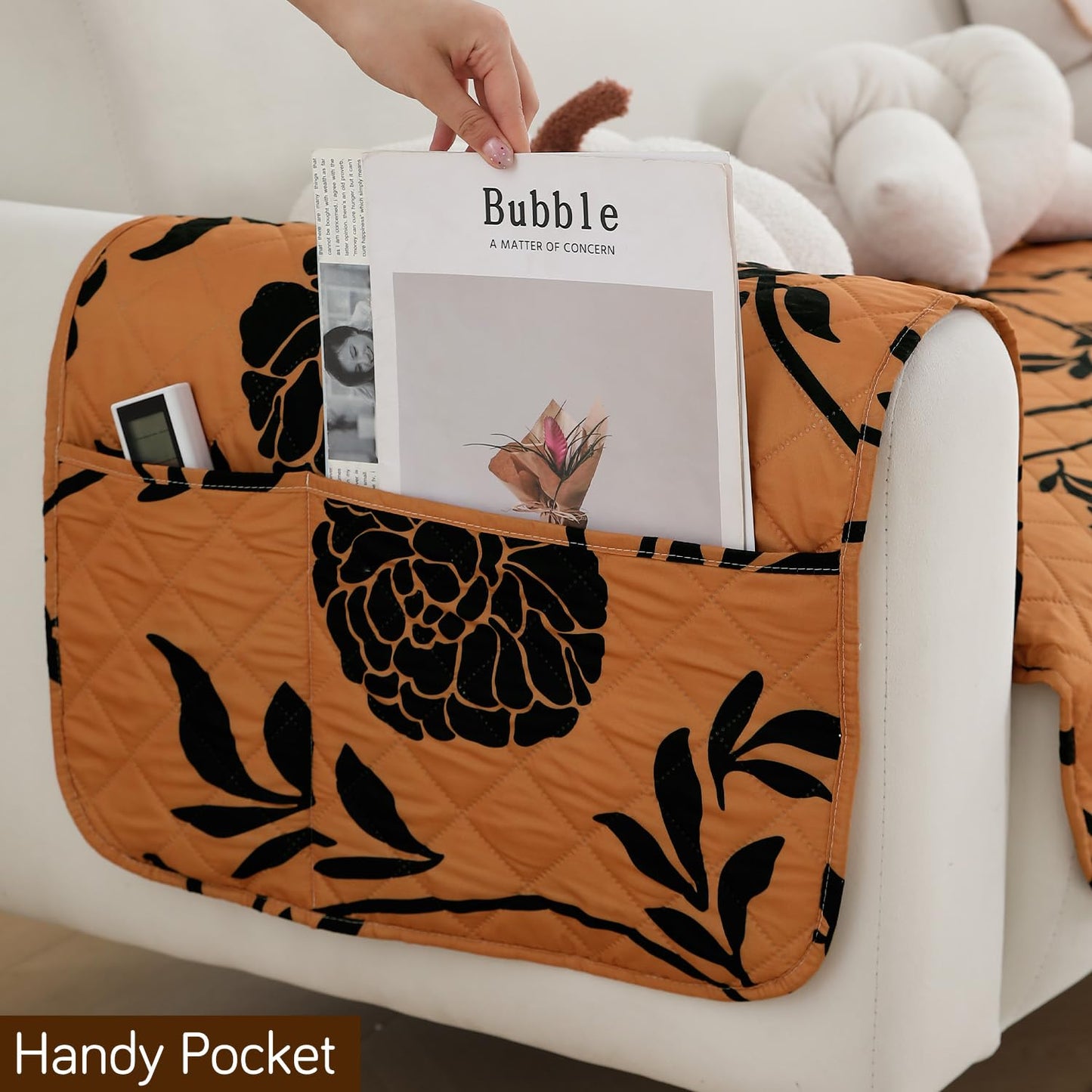 HOKIPO Waterproof Quilted Sofa Seat Mat for 1/2/3 Seater with 2 Armrest Covers with Pockets, Copper Brown Floral
