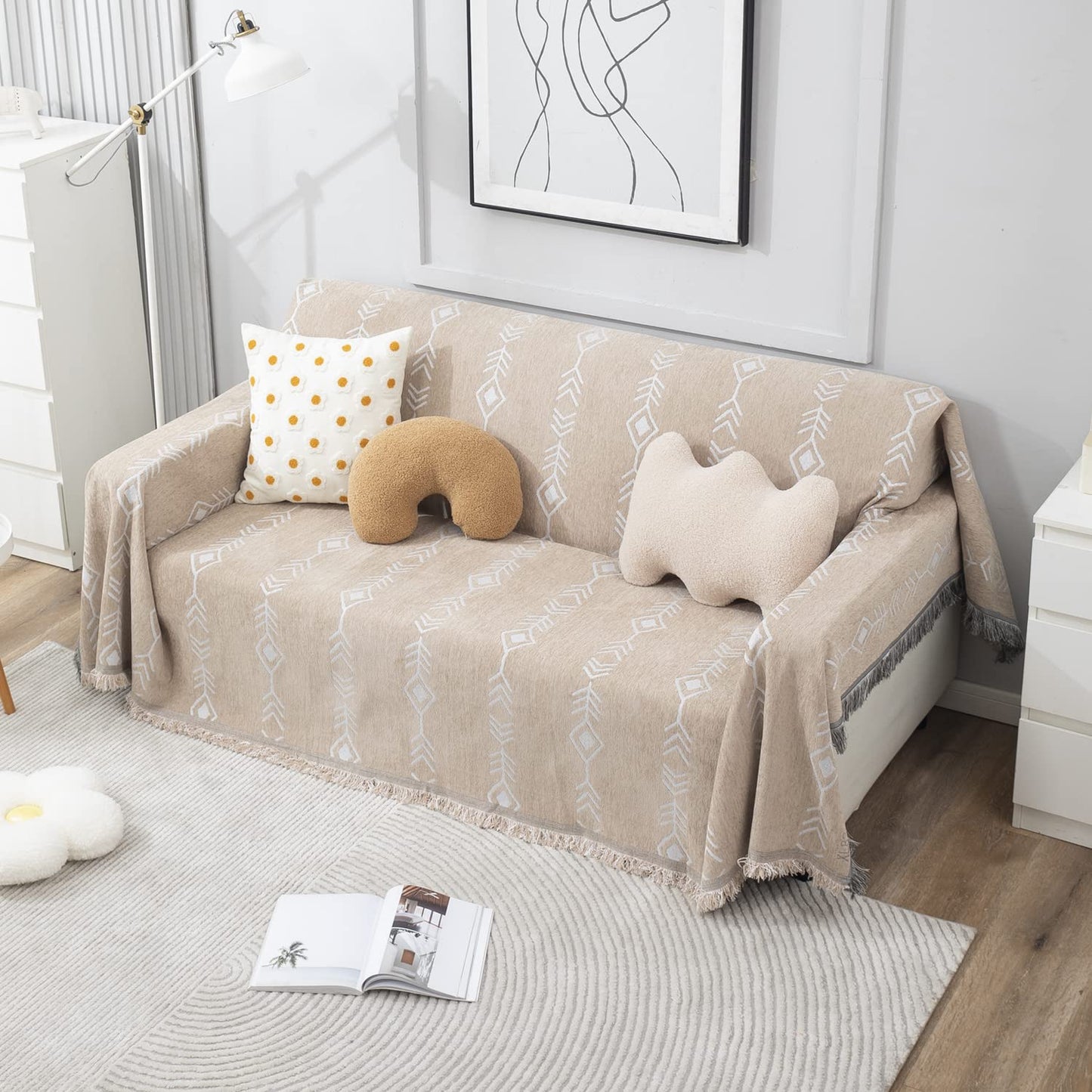 Beige Aztec, Thick, Soft and Pet Friendly Chenille Sofa Cover Throw