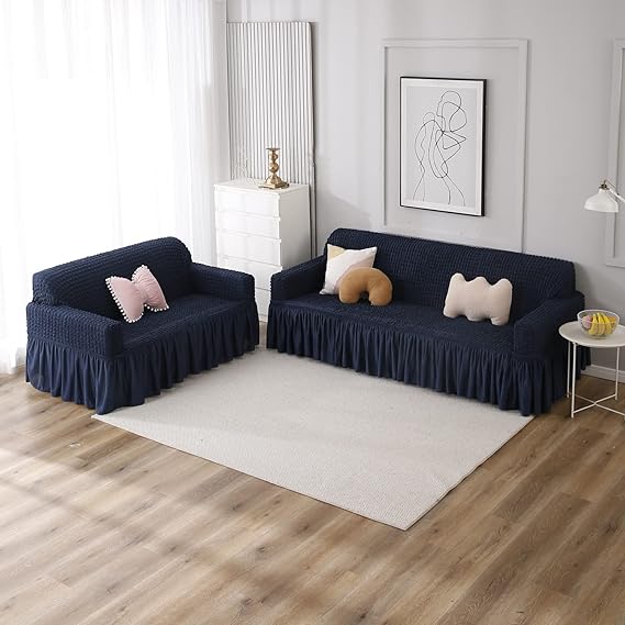 Navy Blue Elastic stretchable Turkish bubble frill sofa cover set for 1, 2, 3, 4, 5, 6, & 7 Seater sofa