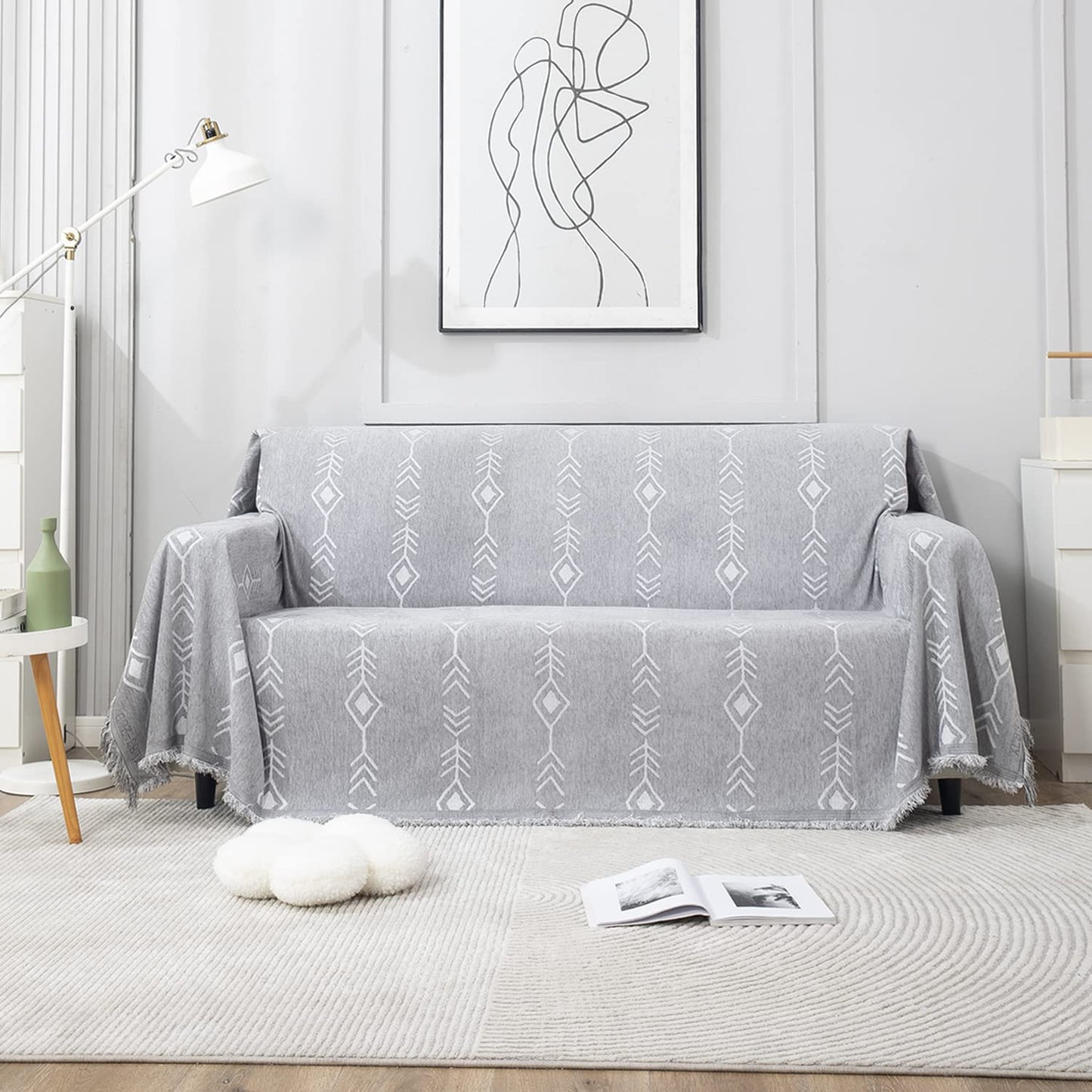 Thick, Soft and Pet Friendly Chenille Sofa Cover Throw, Grey Aztec
