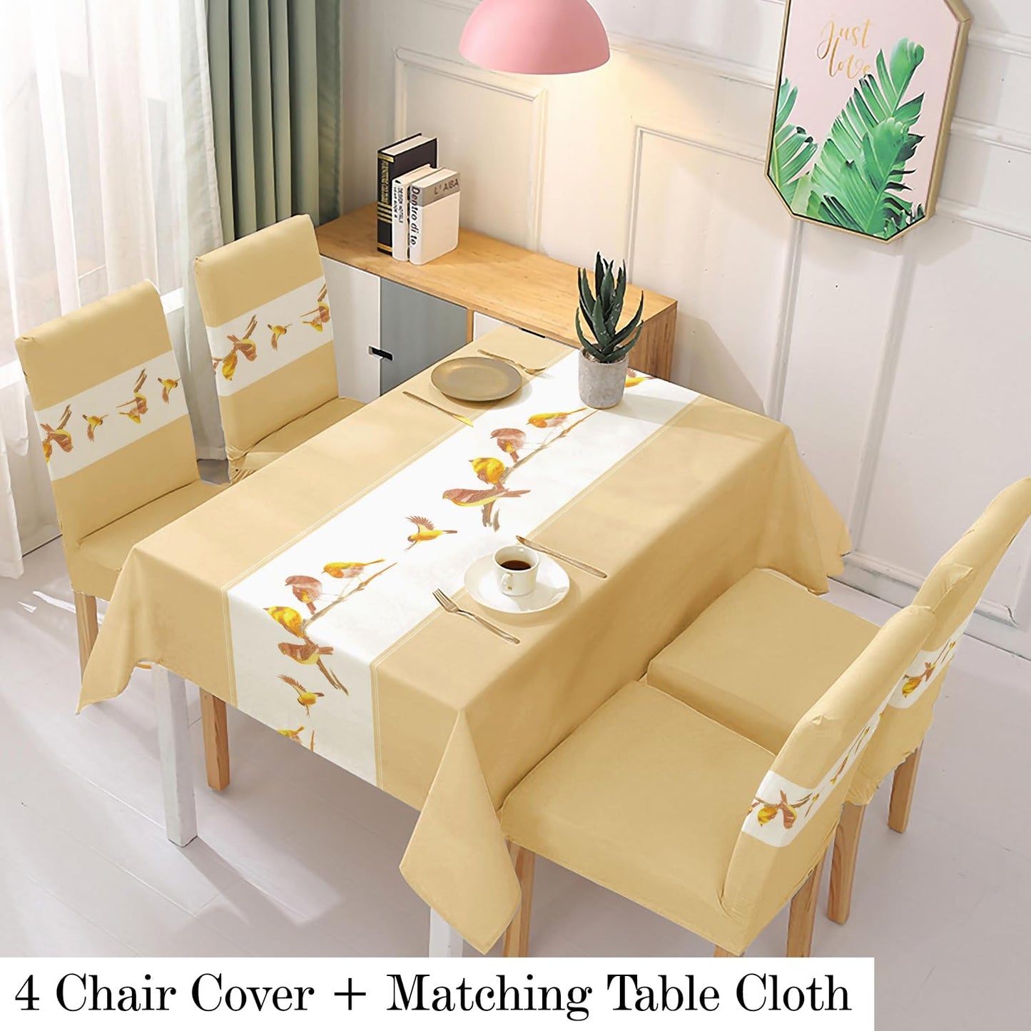 Polyester Dining Chair Covers Set of 4/6 with Matching Tablecloth, Chirping Birds Beige