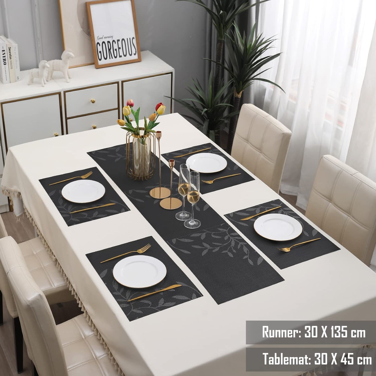 PVC Dining Table Mats, Black Leaves