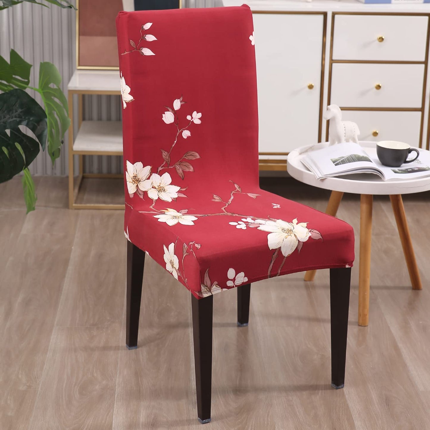 Elastic Stretchable Dining Chair Cover, Red White Jasmine Flowers