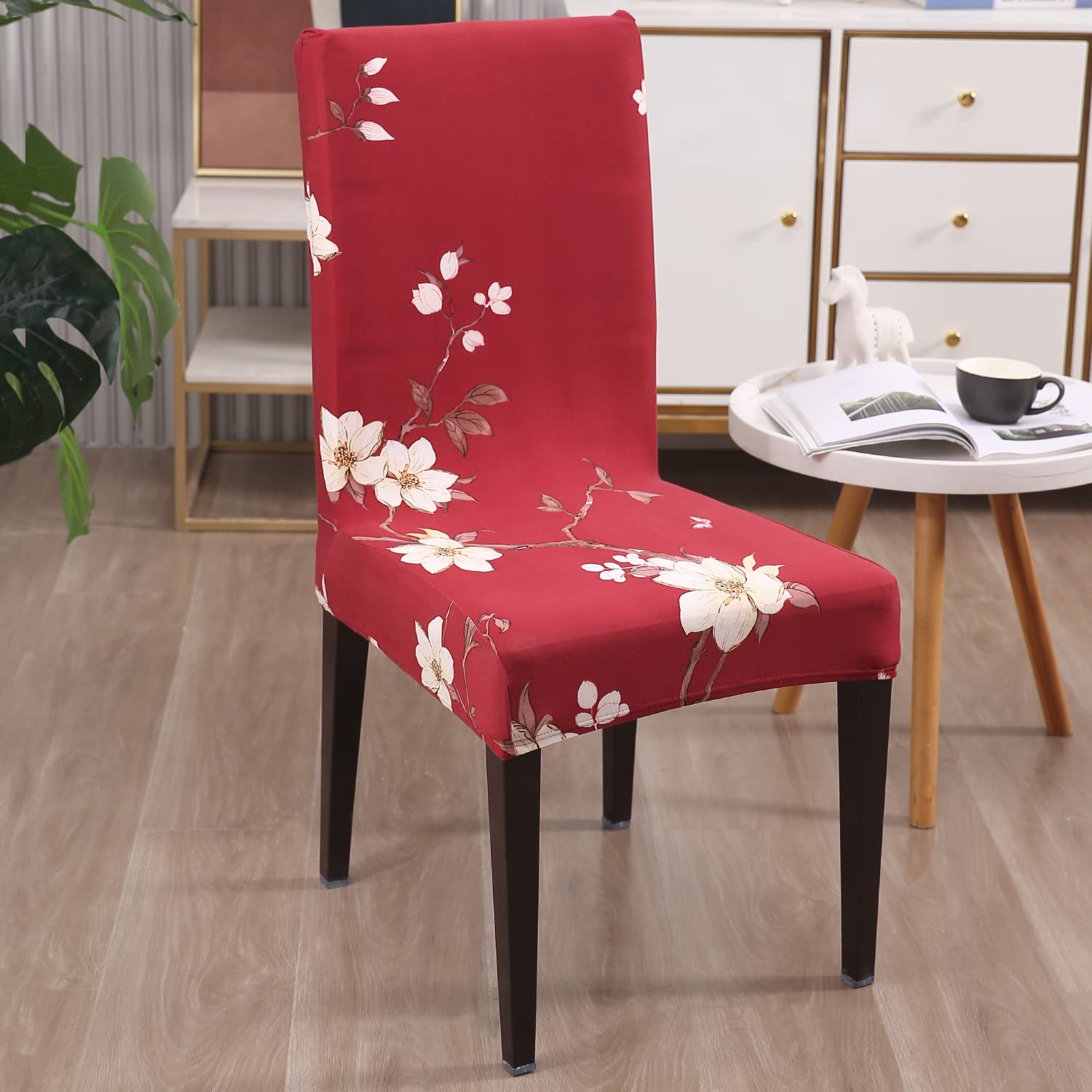 Red White Jasmine Flowers print Fully fitted dining chair cover set | Hokipo