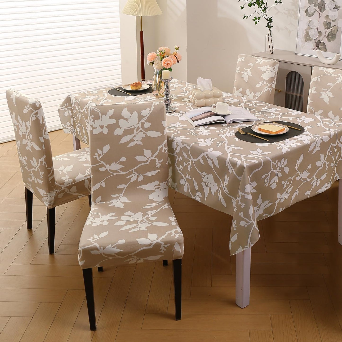 Elastic Dining Chair Covers with Matching Tablecloth, Buff Brown Sillehoute Floral