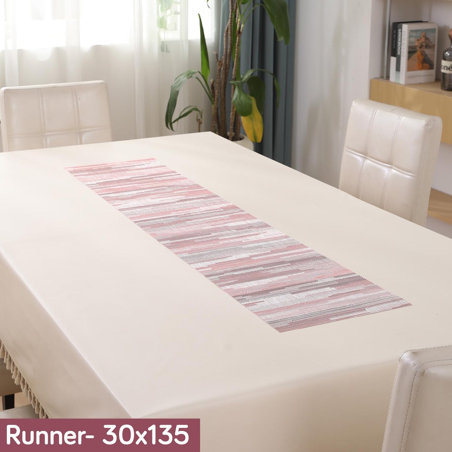 HOKIPO PVC Dining Table Mats and Runner Set of 4/6, Rosemilk Essence Vertical Lines