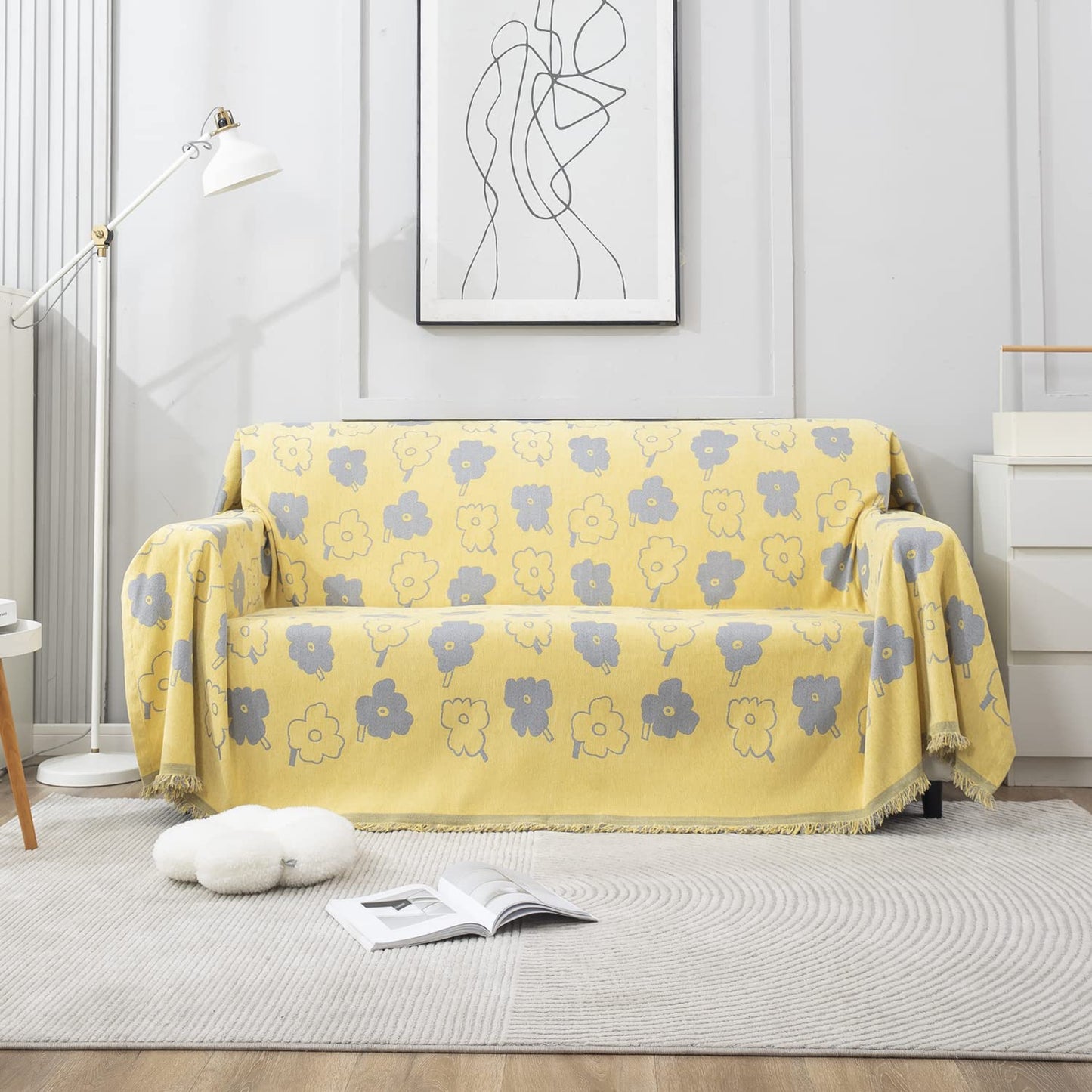 Thick, Soft and Pet Friendly Chenille Sofa Cover Throw, Yellow Floral
