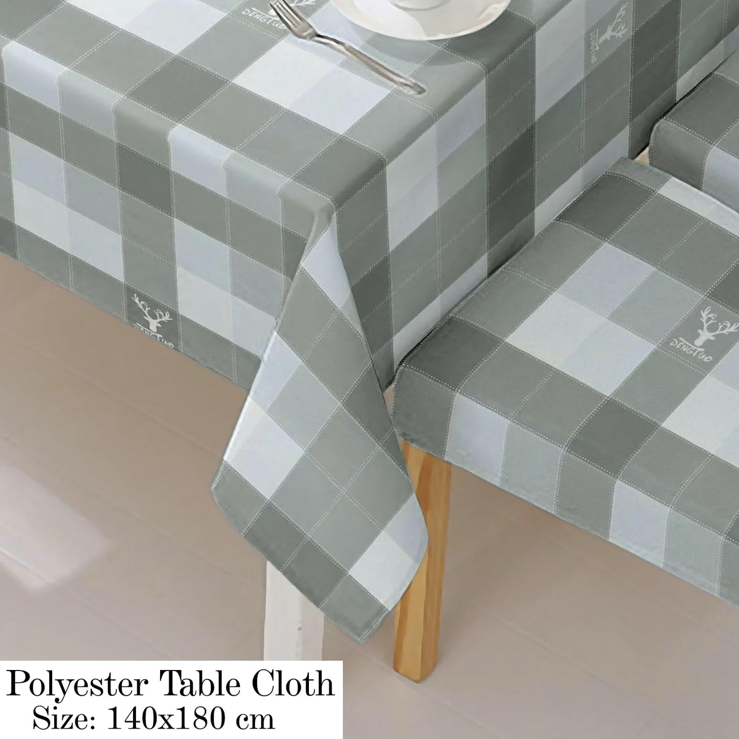 Polyester Dining Chair Covers Set of 4/6 with Matching Tablecloth, Checks Grey
