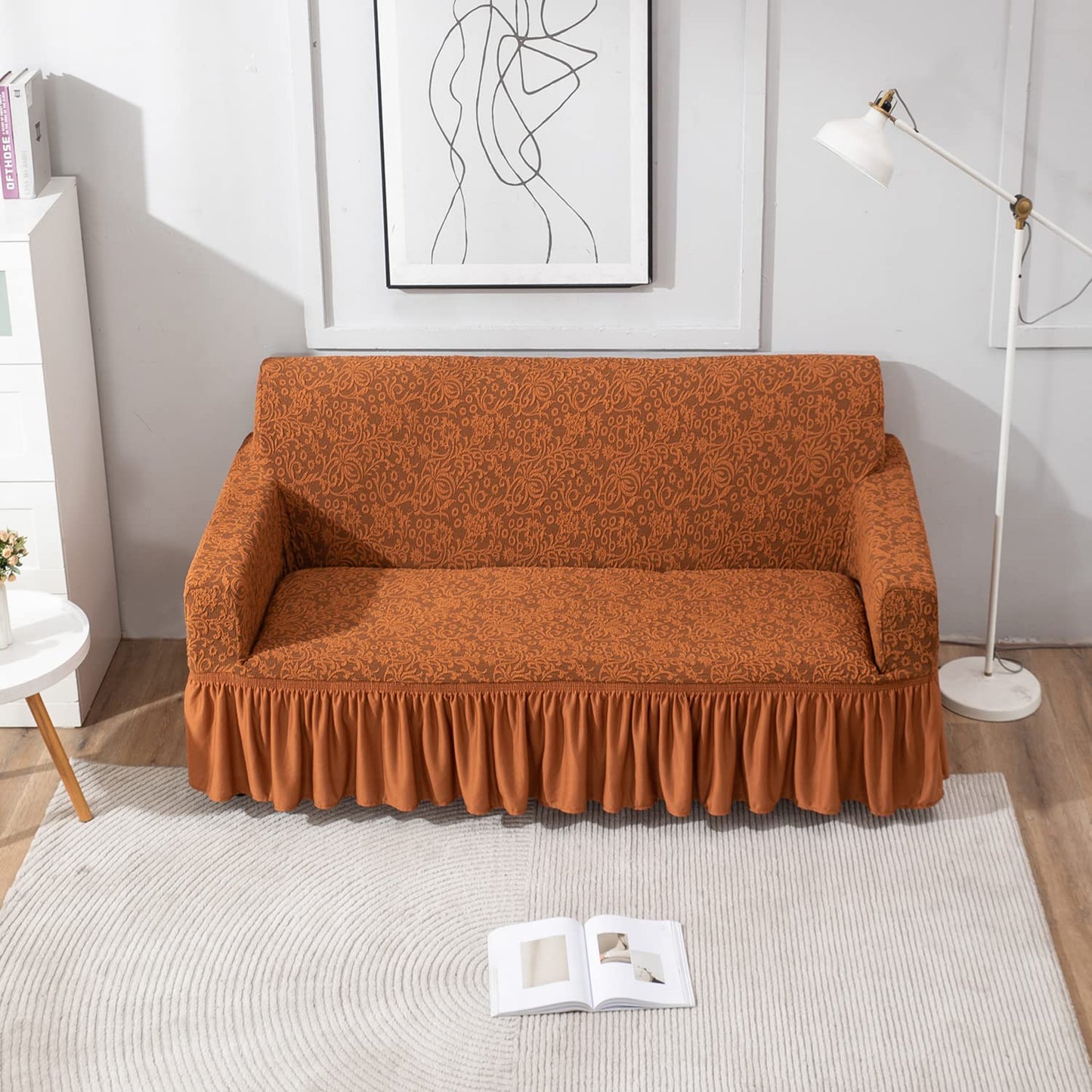Caramel Brown 3 seater designer woven jacquard elastic stretchable frill sofa cover