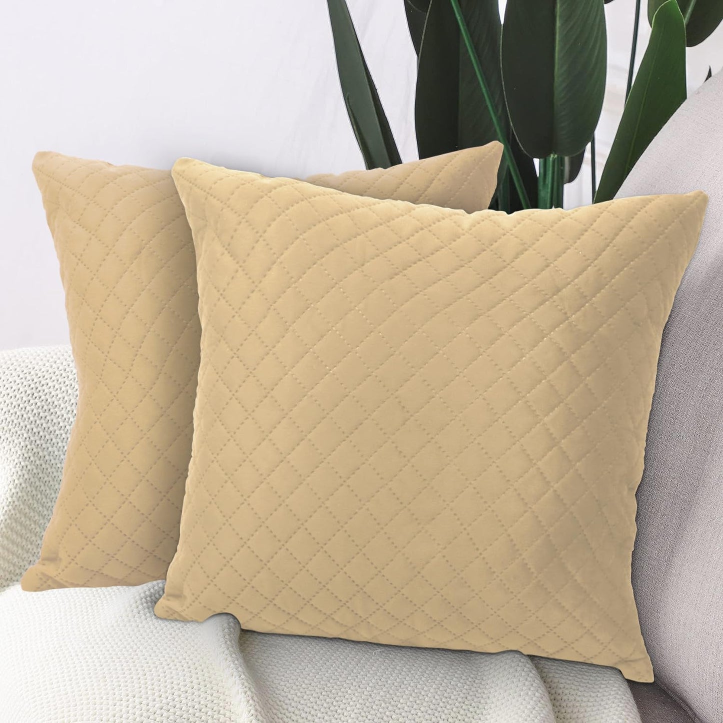 Quilted Velvet Sofa Cushion Cover Pack of 2, Natural Beige