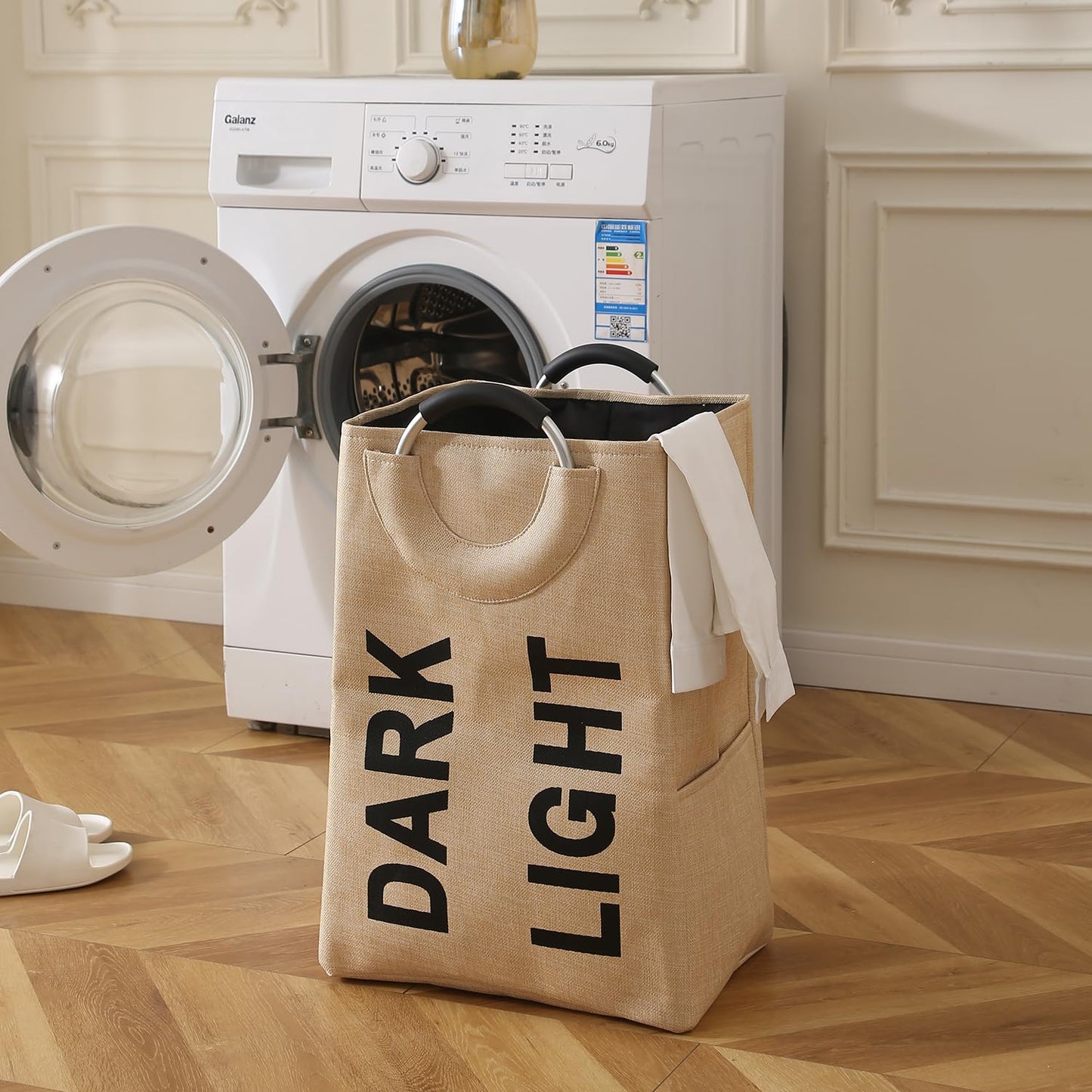 Folding Laundry Bag for Clothes Hamper Basket, Collapsible Storage Basket, Beige