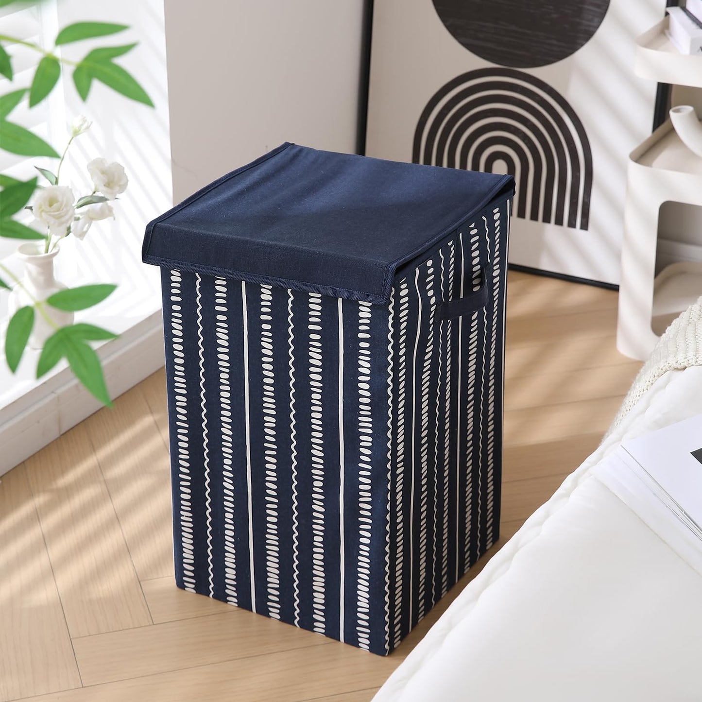 Foldable Laundry Basket for Clothes with Lid, Abstract Lines