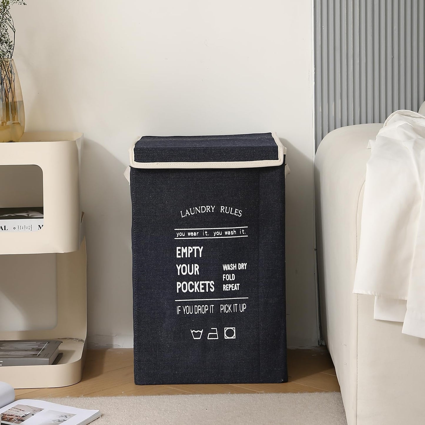 Foldable Laundry Basket for Clothes with Lid, Navy Blue