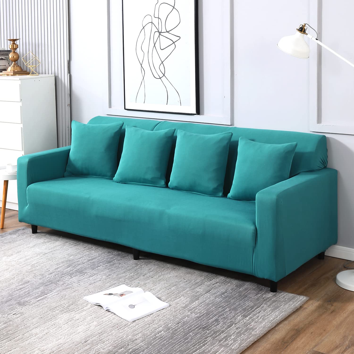 Dark Cyan colour plain stretchable full fitted 4 seater sofa cover