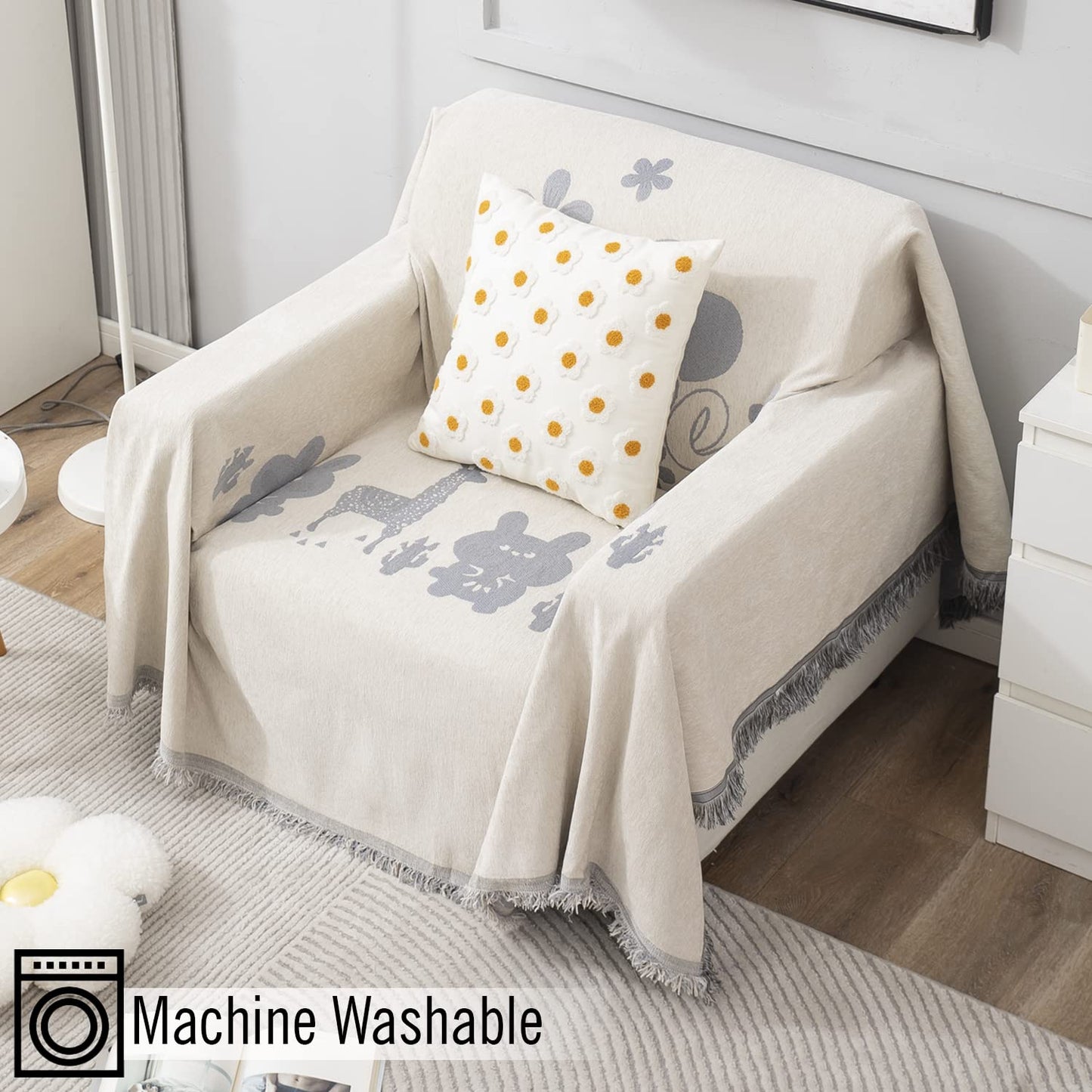 Off-White Nature, Soft and Pet Friendly Chenille Sofa Throw Cover