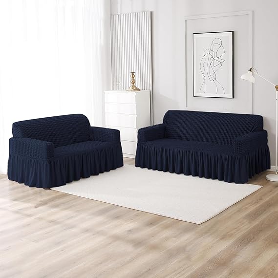 Navy Blue Elastic stretchable Turkish Bubble frill sofa cover for 3 seater and 2 seater sofa set