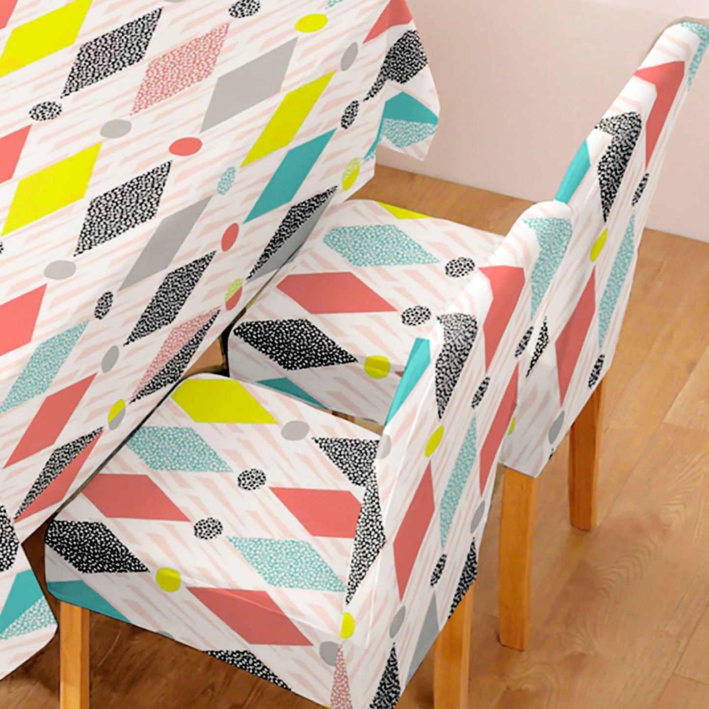 Elastic Dining Chair Covers Set of 4/6 with Matching Tablecloth, Rhombus Multicolor